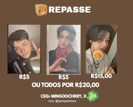 pompomlore's tweet photo. ATT
Repasse de Vaga
– Valores na imagem
– Frete inter inclusos
— Gom: mingoochrry
Mais infos no pv ou no whatsapp

TAGS 🏷️ #repasse #ceg #enhypen #jake #maki #niki #harua #cortis photocard poca ni-ki jake maki &amp;team harua jo ceg cortis james https://t.co/0u7QIVsEly