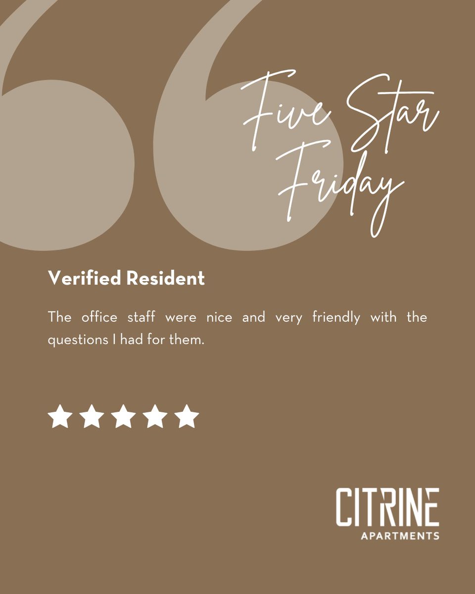 citrineaptsaz's tweet photo. 🌟It's Five Star Friday at Citrine Apartments! 🎆Thank you amazing residents, your 5-star reviews light up our summer. #CommunityLove #SPGCommunity https://t.co/5QzxtOWfLM https://t.co/8d4cSz7bKn