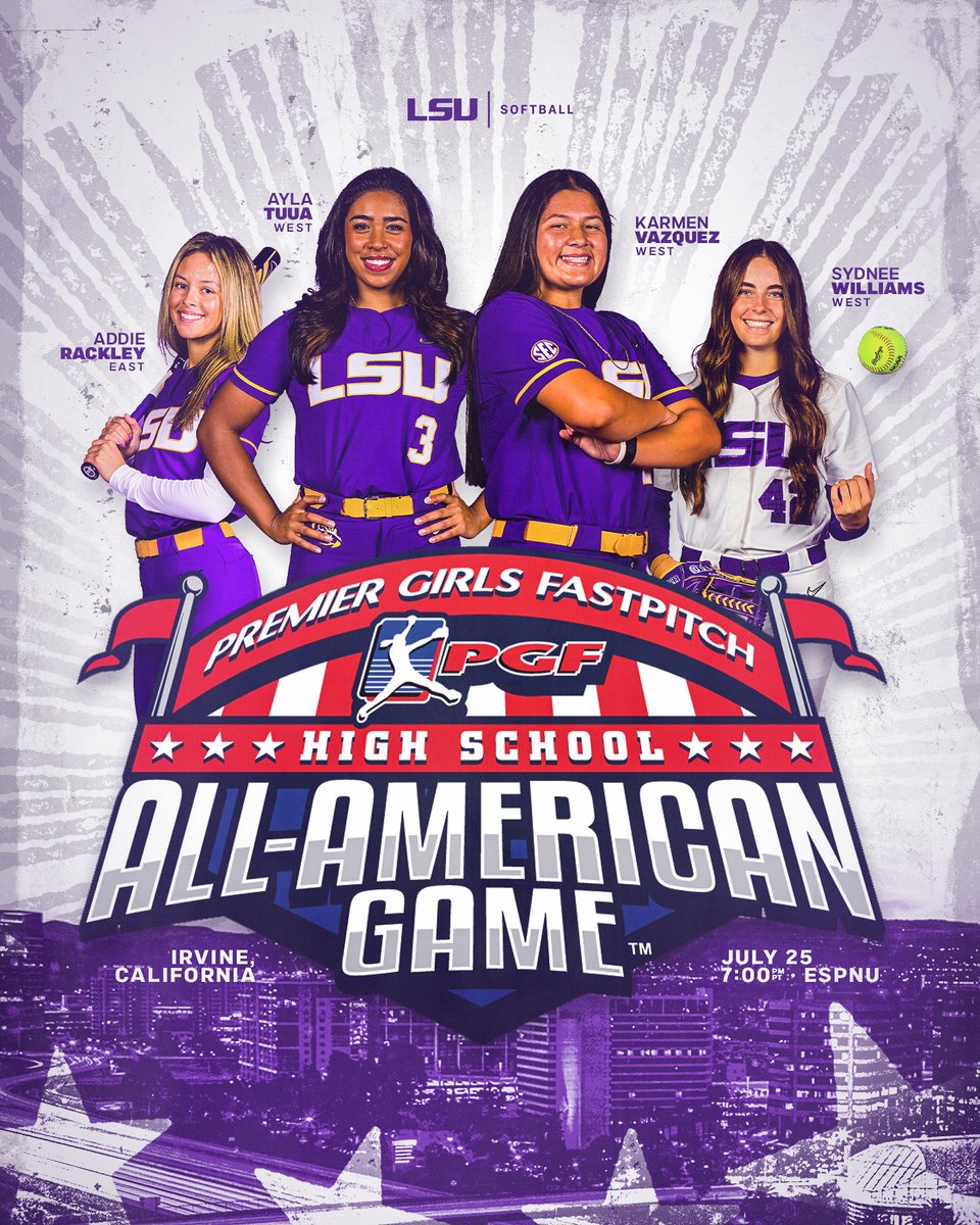 LSUsoftball's tweet photo. The future is now 😎

Catch four of our incoming freshman Tigers TONIGHT in the @PGFnetwork High School All-American Game! https://t.co/NaCxknEKF9