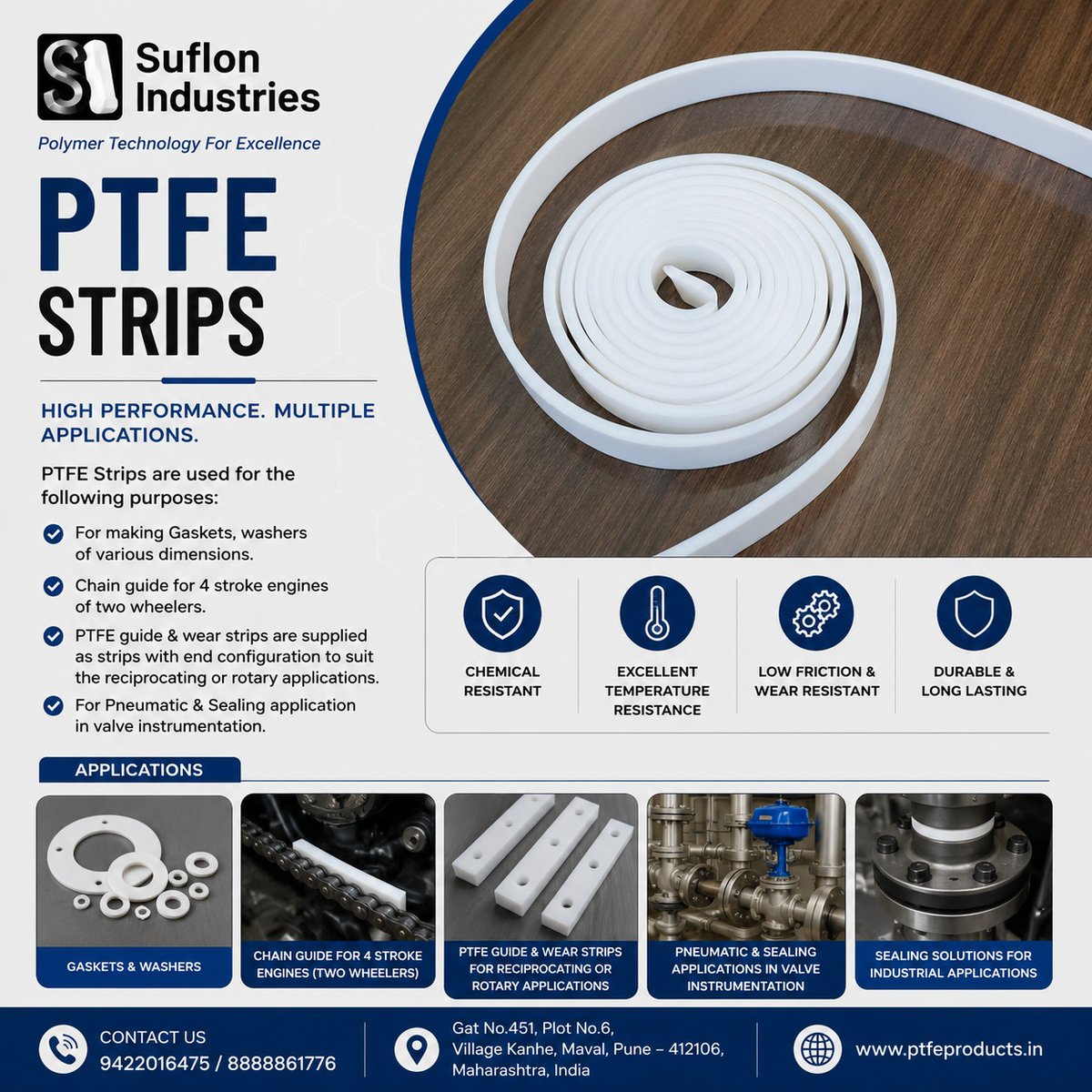 ptfeproducts's tweet photo. 🔹 High Performance. Lasting Reliability.

Suflon Industries' PTFE Strips deliver superior chemical resistance, low friction, and long-lasting performance for a wide range of industrial applications.

📞 +91 94220 16475 | +91 88888 61776

#SuflonIndustries #PTFE #PTFEStrips https://t.co/TJfkV5prvx