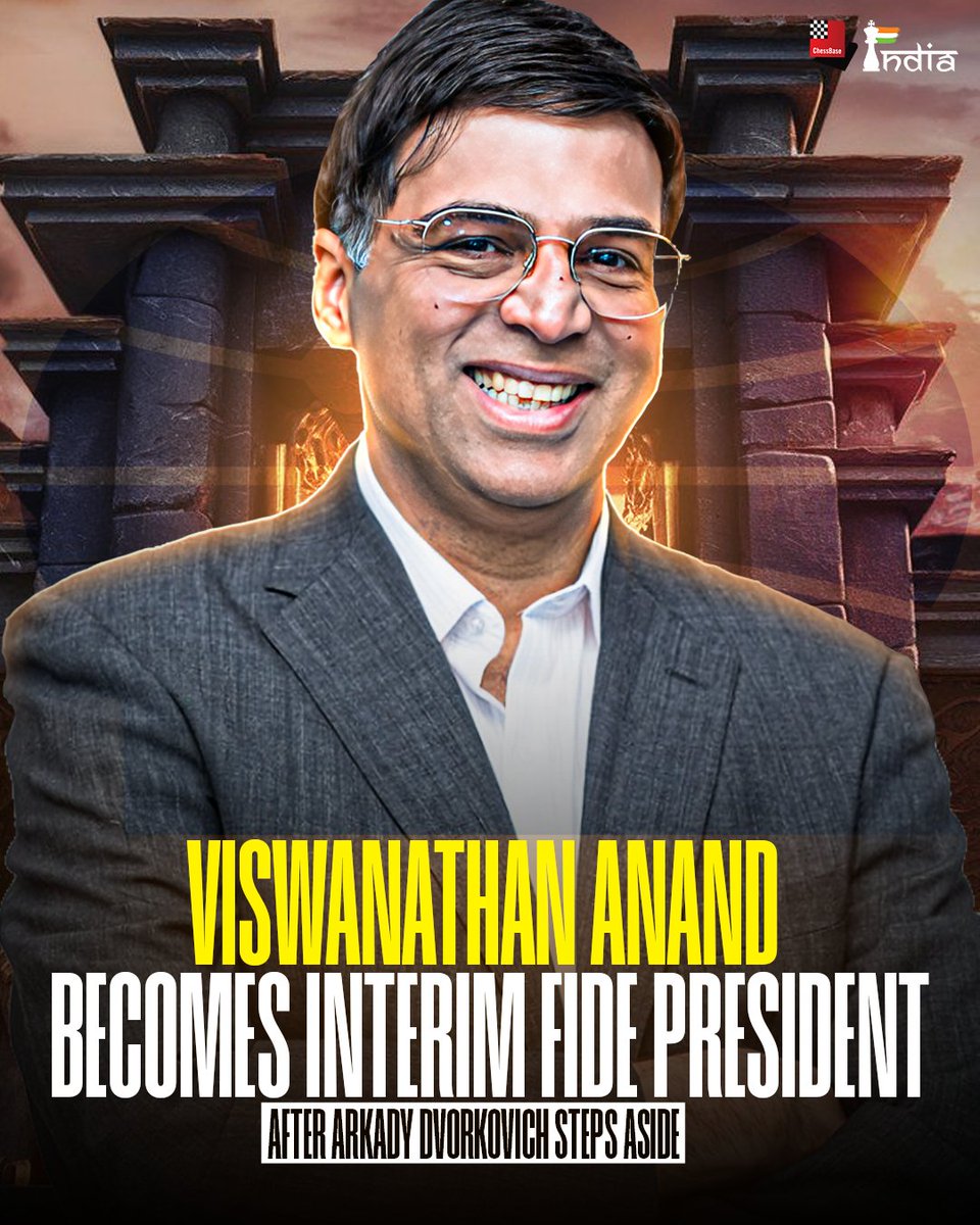ChessbaseIndia's tweet photo. 5-time World Champion @vishy64theking Anand is now the President of @FIDE_chess - the International Chess Federation! 

After the reigning President Arkady Dvorkovich had to step down due to sanctions from the European Union, Deputy President Vishy Anand has assumed the role of Interim FIDE President till the FIDE elections in September. Dvorkovich's vice president for the elections, Kazakh billionaire Timur Turlov has announced that he will now run for the post of President.

Graphic: Anmol Bhargav
#chess #chessbaseindia #fide