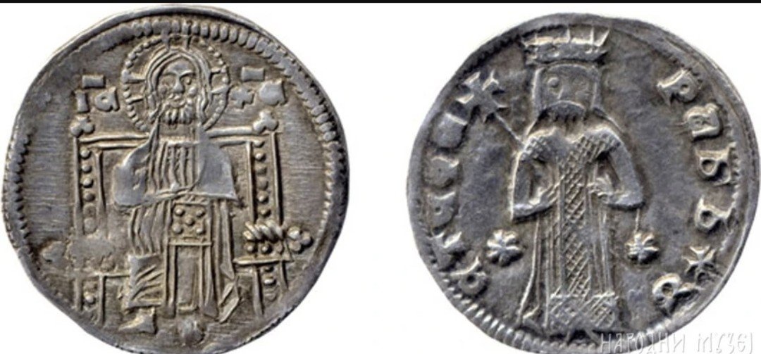 SerbiaBased's tweet photo. One of the first Serbian dinars struck in Cyrillic. The coin depicts Jesus Christ enthroned, reflecting the medieval belief that royal authority was granted by Christ. It also features King Stefan Dragutin Nemanjić holding a cross and scepter, with a Cyrillic inscription reading "Stefan, servant of Christ". A remarkable piece of medieval Serbian history preserved in silver.