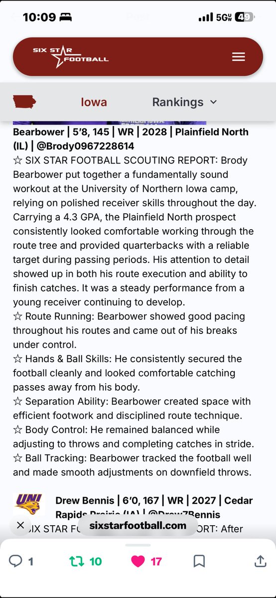 Brody0967228614's tweet photo. Blessed and grateful to be featured by @sixstarfootball after the Northern Iowa prospect camp. Thank you for the recognition. @PNTigerFootball @EDGYTIM @PrepRedzoneIL https://t.co/8pIqk6Jetn