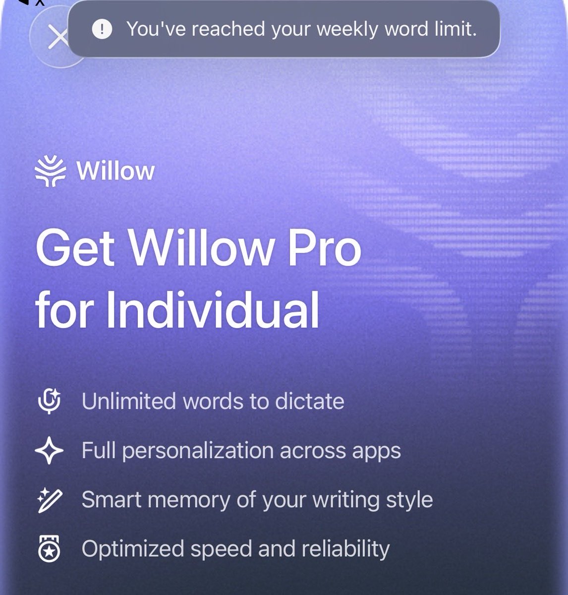 Tascherist's tweet photo. @WillowVoiceAI You say unlimited dictation but there’s a weekly word limit. What am I missing? https://t.co/bL2YJ4OHRW