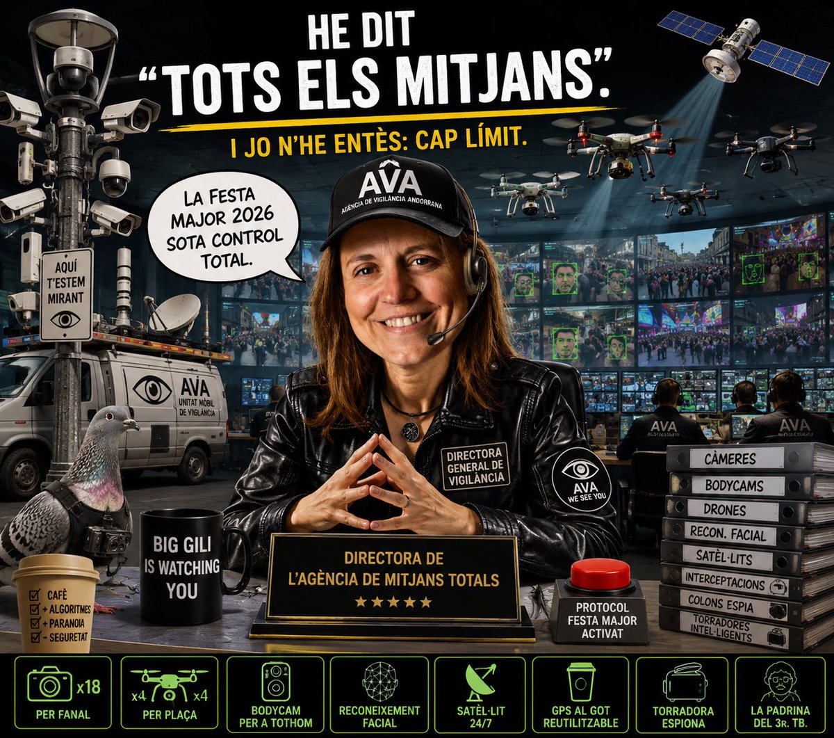 FontsdAndorra's tweet photo. #FontsProperes informen que ja s’han desplegat “tots els mitjans”

Drons, satèl·lits, bodycams, coloms espia… i la torradora intel·ligent 🛰️👀

A partir d’ara les Festes Majors comptaran amb més càmeres que assistents.

😁 Somriu a la càmera 📸… Tot és per la teva seguretat. https://t.co/qJdFl40nUE