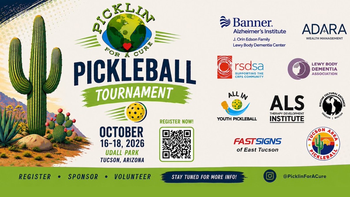 CRPSAinc's tweet photo. The 6th annual Picklin’ for a Cure Awareness and Fundraising Pickleball Tournament will take place at Udall Park in Tucson, Arizona from October 16-18, 2026.

Learn more: https://t.co/JXThuFZJp4 https://t.co/IrCSYYe1TP