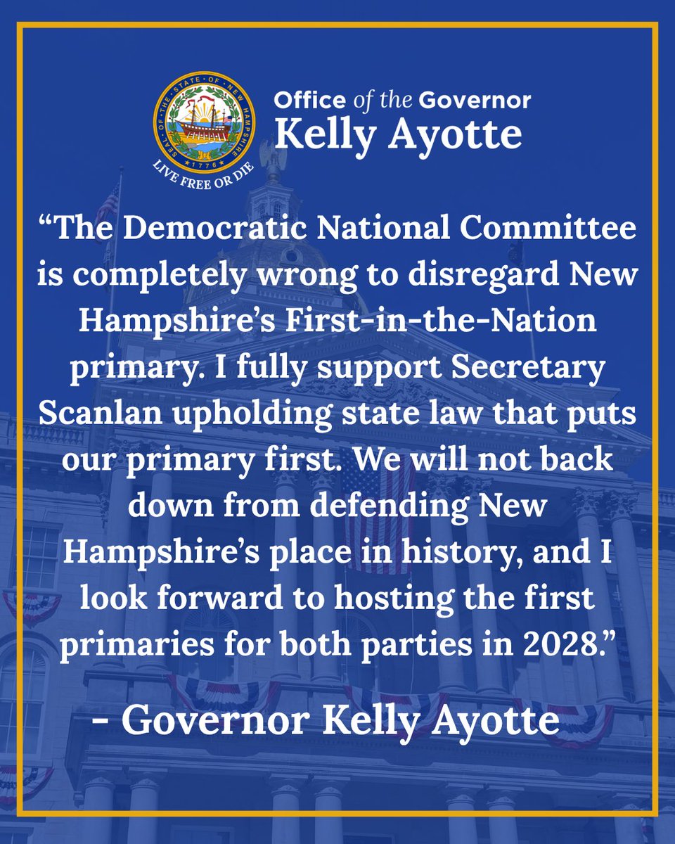 KellyAyotte's tweet photo. The Democratic National Committee is completely wrong to disregard New Hampshire’s First-in-the-Nation primary. 

We will not back down from defending our state's place in history. https://t.co/uWCkuUtxtW