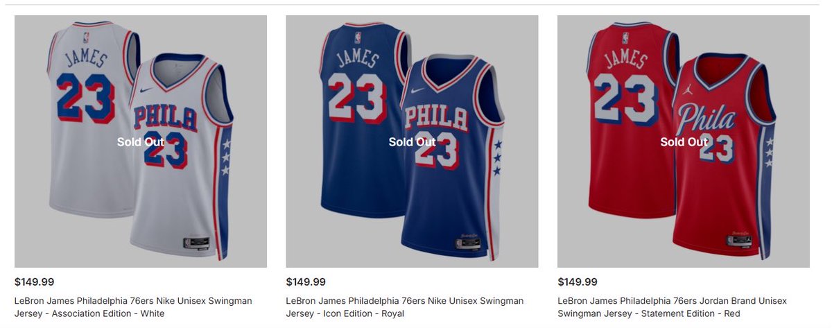 PHLEaglesNation's tweet photo. LeBron James Sixers Jerseys haven’t even been printed yet and are already sold out on Fanatics. https://t.co/5dVoTF58gg