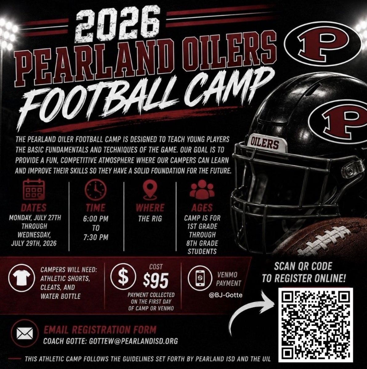 PearlandOilers's tweet photo. We are looking forward to seeing everyone at the 2026 Pearland Football Camp. 

There is still time to register and walk ups are welcome! https://t.co/6jIxigmQs6
