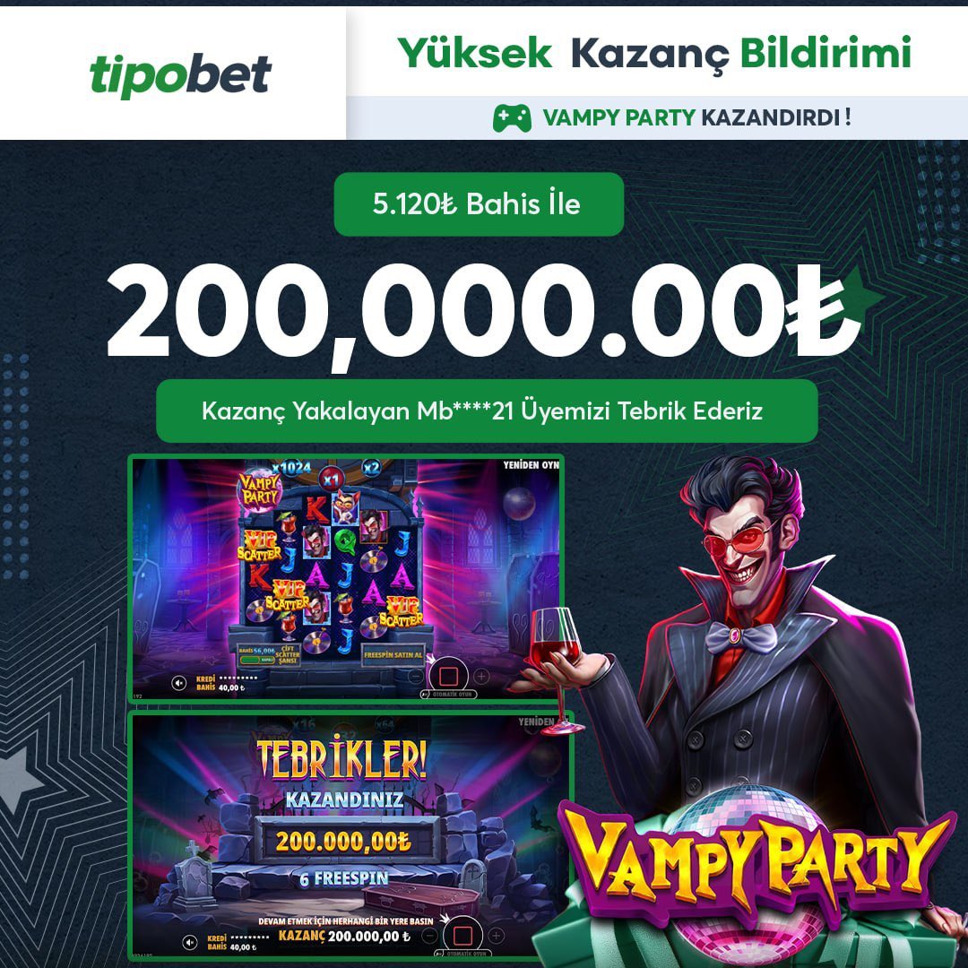 tipoxsosyal's tweet photo. 🎁 Tipobet’te Efsane Büyük Kazanç!

🕹 Vampy Party Oyununda

💲 5,120TL bahis ile tam 200.000.00TL kazanç!

👑 Mb*****21' kullanıcı adlı üyemizi kazancından dolayı gönülden tebrik ediyoruz!

⚡️ Şansını şimdi dene — sıradaki büyük kazanan sen olabilirsin!

#tipobet #denemebonusu https://t.co/Ypaz2vfqgf