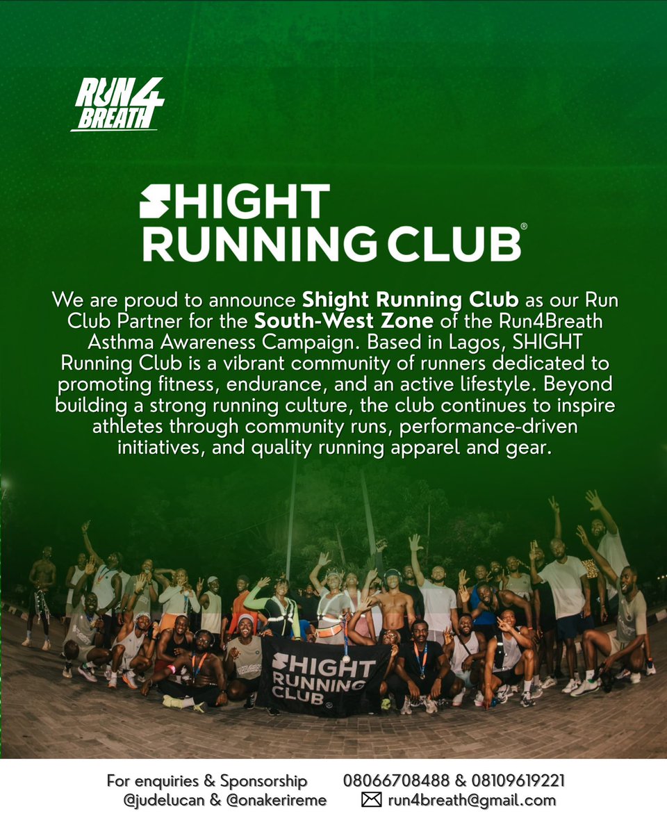 Onakerireme's tweet photo. We are proud to announce Shight Running Club as our Run Club Partner for the South-West Zone of the Run4Breath Asthma Awareness Campaign.

Based in Lagos, SHIGHT Running Club is a vibrant community of runners dedicated to promoting fitness, endurance, and an active lifestyle. Beyond building a strong running culture, the club continues to inspire athletes through community runs, performance-driven initiatives, and quality running apparel and gear.

The Run4Breath Asthma Awareness Campaign is a 126km endurance challenge that will see Theodore Ogedegbe and myself run six half marathons (21.1km each) across six states in Nigeria's six geopolitical zones in six consecutive days (August 10-15, 2026) to raise awareness about asthma and raise funds to provide life-saving asthma inhalers and essential asthma kits to people living with asthma.

As our South-West Run Club Partner, Shight Running Club will support the campaign with on-ground participation throughout our Lagos leg of the challenge slated to hold on Saturday 15th of August, 2026.

Their commitment to standing with us on race day and helping amplify our message of asthma awareness reflects the power of community in driving meaningful change.

We sincerely thank Shight Running Club for believing in our vision and joining us in ensuring that more Nigerians can breathe easier.

Together, every step brings hope, and every breath matters.