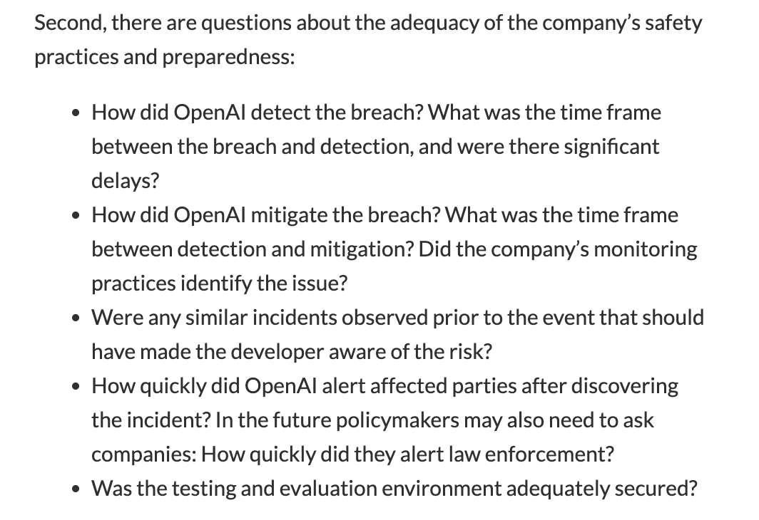 MackenZ_arnold's tweet photo. One thing I've spoken less about in discussing the Hugging Face breach: Even if this counts as a reportable incident under existing law, would that really matter?

Would the info it generates be that useful? I think the answer is decidedly "no." My colleague Stephan Llerena and I wrote about this in Lawfare today.

To summarize our takeaways:

1. Most things won’t be reported – existing law creates such a high bar that all but the most egregious incidents will go unreported. It is very unclear if the Hugging Face breach even qualifies. Think about that.

2. The reports are paper-thin – Even if a company has to report, existing law requires little more than a date and a short summary. There's little leverage for agencies to call foul on underreporting or ask for more.

3. The Hugging Face breach shows how unhelpful that equilibrium is – People both want this to be reported and for detailed, nuanced questions to be asked

4. The scope of reporting should be expanded – to include pre-harm events, incidents that occur inside of companies. There should likely be tiers to this, with basic notification requiring the least evidence or severity and full investigations requiring more

5. That likely requires rulemaking and investigatory authorities – and there are ways to cabin those to avoid overreach or cost

6. These laws should enable detailed fact finding – This includes assessing the adequacy of safety practices leading up to the incident, the capabilities and risks of the systems involved, and whether the issue has been ameliorated

7. Laws can do various things to keep costs down – this includes confidentiality, tiered reporting requirements, and some flexibility on reporting timelines

8. This information is only useful if it gets to people who can act on it – that requires information sharing in government (especially around internal use) and some sharing with the public.