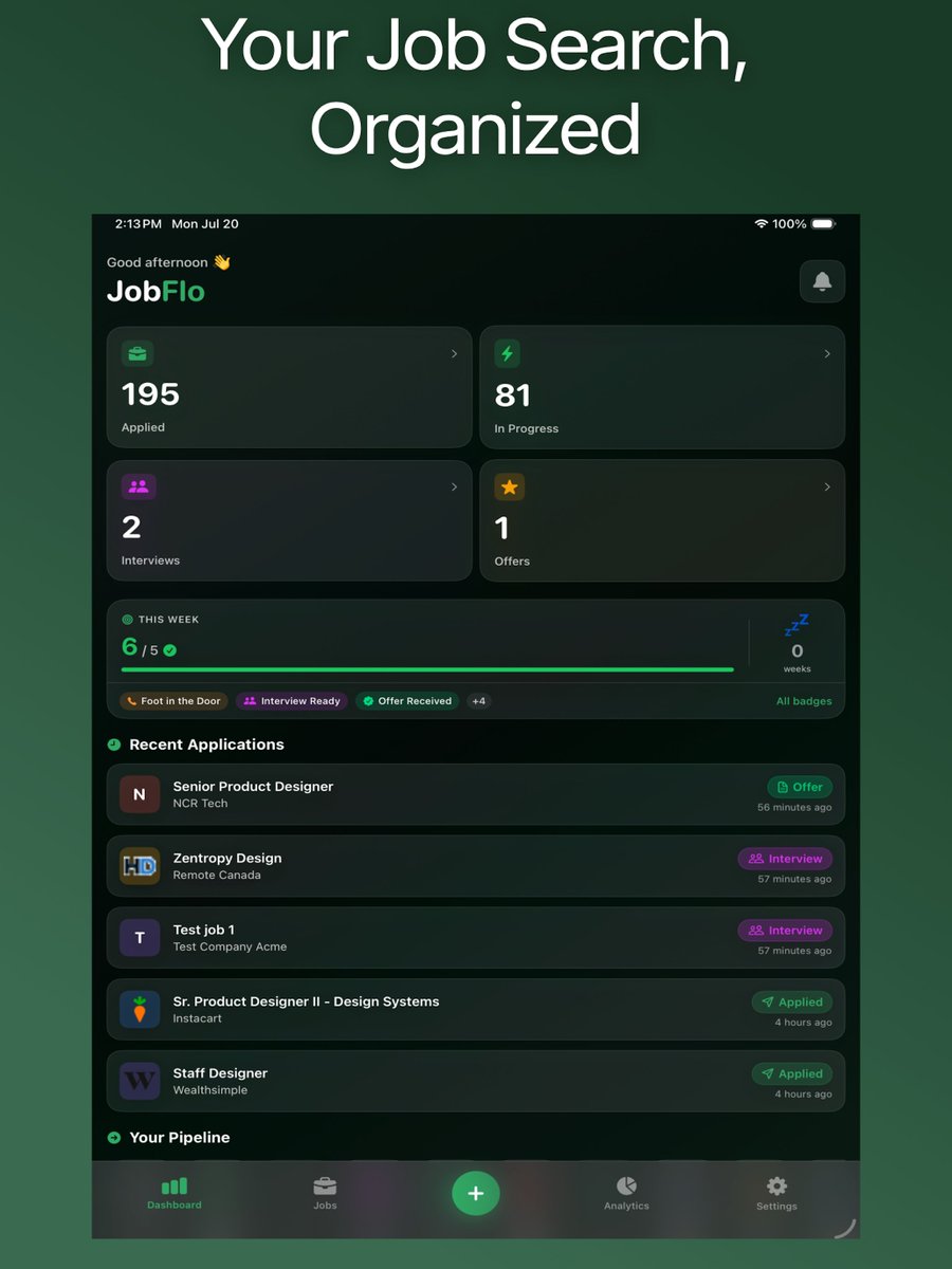 getjobflo's tweet photo. Your whole job search, one glance. JobFlo's dashboard tracks applications, interviews, and offers — plus weekly goals to keep your momentum going. https://t.co/iCNK12UvF9 https://t.co/JAn5tdQxoP