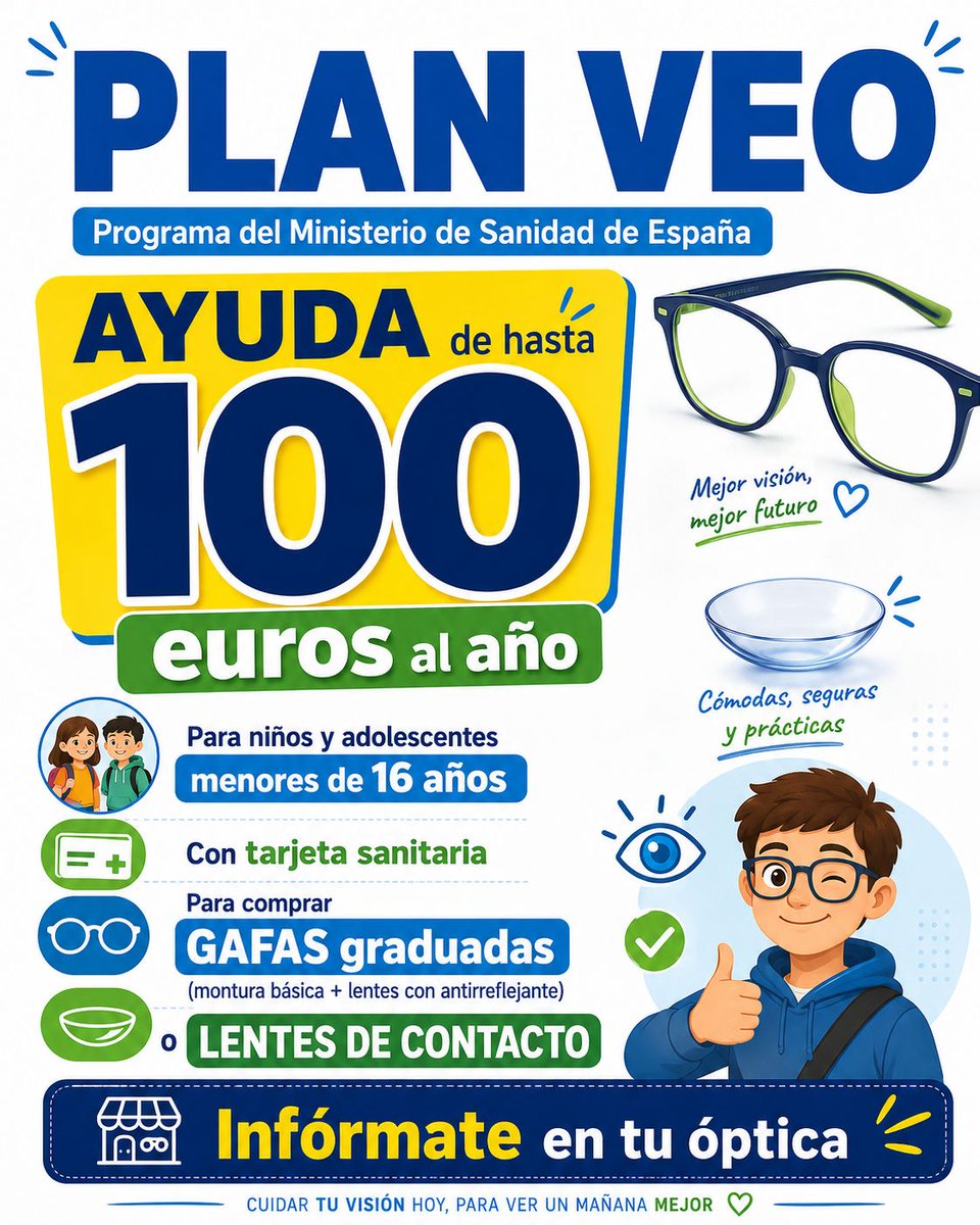 TuVisionAlcala's tweet photo. 🤓👉 El PLAN VEO es un programa del Ministerio de Sanidad de España que ofrece una AYUDA de hasta 100 euros anuales 👈🤓 https://t.co/EOgHx0FtNb ⚠️⚠️
#PLANVEO #saludVisual #gafas #gafasGraduadas #TuVision #TuVisionAlcalá #Alcalá #AlcaláHenares #AlcaláDeHenares https://t.co/l7dYIh7Duh
