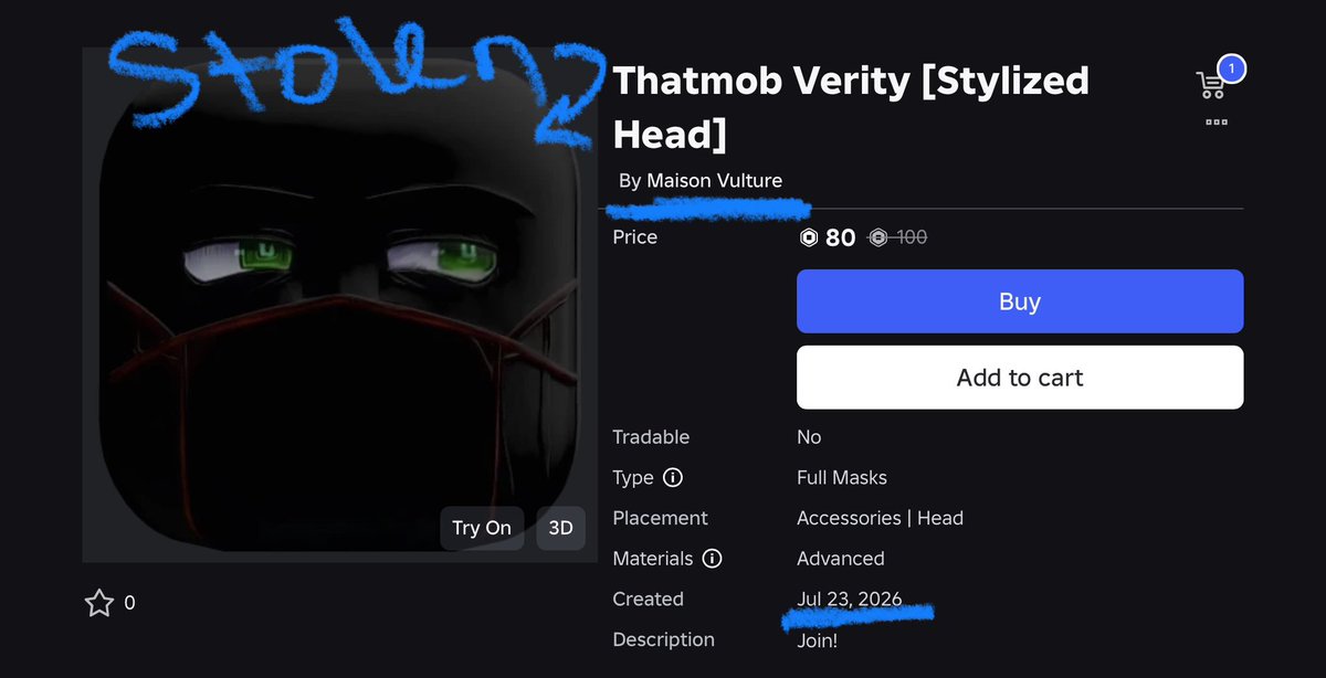 Wellimtoast's tweet photo. If you guys see this in catalog avoid it. It’s an shitty ai fake of my ThatMob head.

I sadly can’t dmca since it’s Ai modified and Roblox doesn’t really do shit about them since they “can’t be copyrighted”. Best I can do is just warn you guys. 

I’m gen so tired man. 

#roblox https://t.co/5bOiCs2BdM