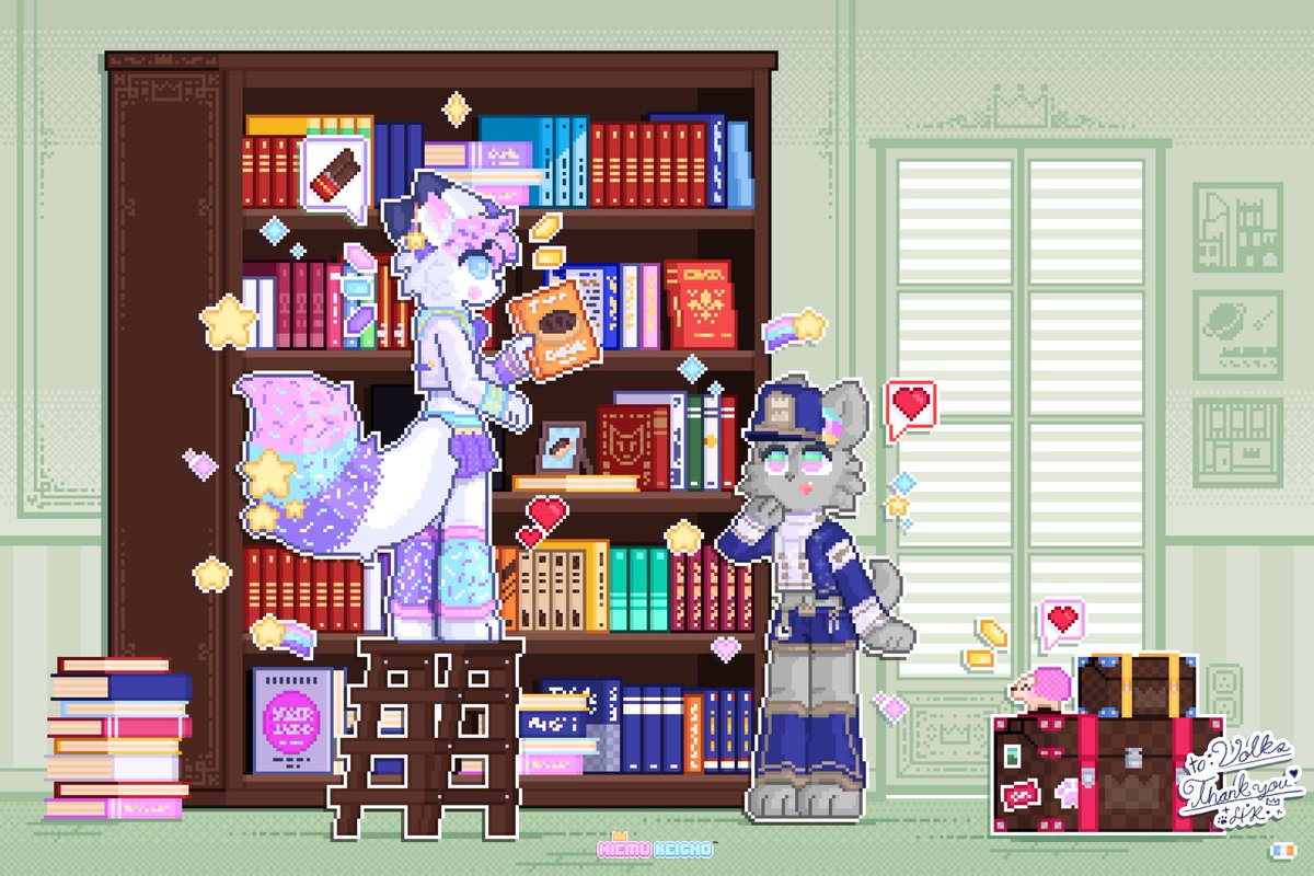 hiemukeigno's tweet photo. ╭ʚ-꒷︶꒦︶︶₊˚๑꒷꒦ 🖼️ | Recipe books, which one will serve us best?! 

ⵓ‧₊˚ʚɞ﹕🎨 Commission for: @VolksDaFloof ✨
╰ʚ୨୧‧₊˚﹕ Thank you for the support! 🫂🫂💖💕✨✨

#pixelart #illustration #ケモノ https://t.co/SAfdqbuPei