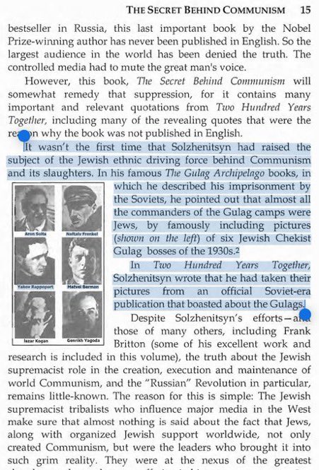 forbiddenmerch's tweet photo. In his book, Solzhenitsyn pointed out that almost all the commanders of the Gulag camps were jews, by including pictures of six Jewish Chekist Gulag bosses of the 1930s.

He had taken their pictures from an official Soviet-era publication that boasted about the Gulags. https://t.co/rmkg2dObEk
