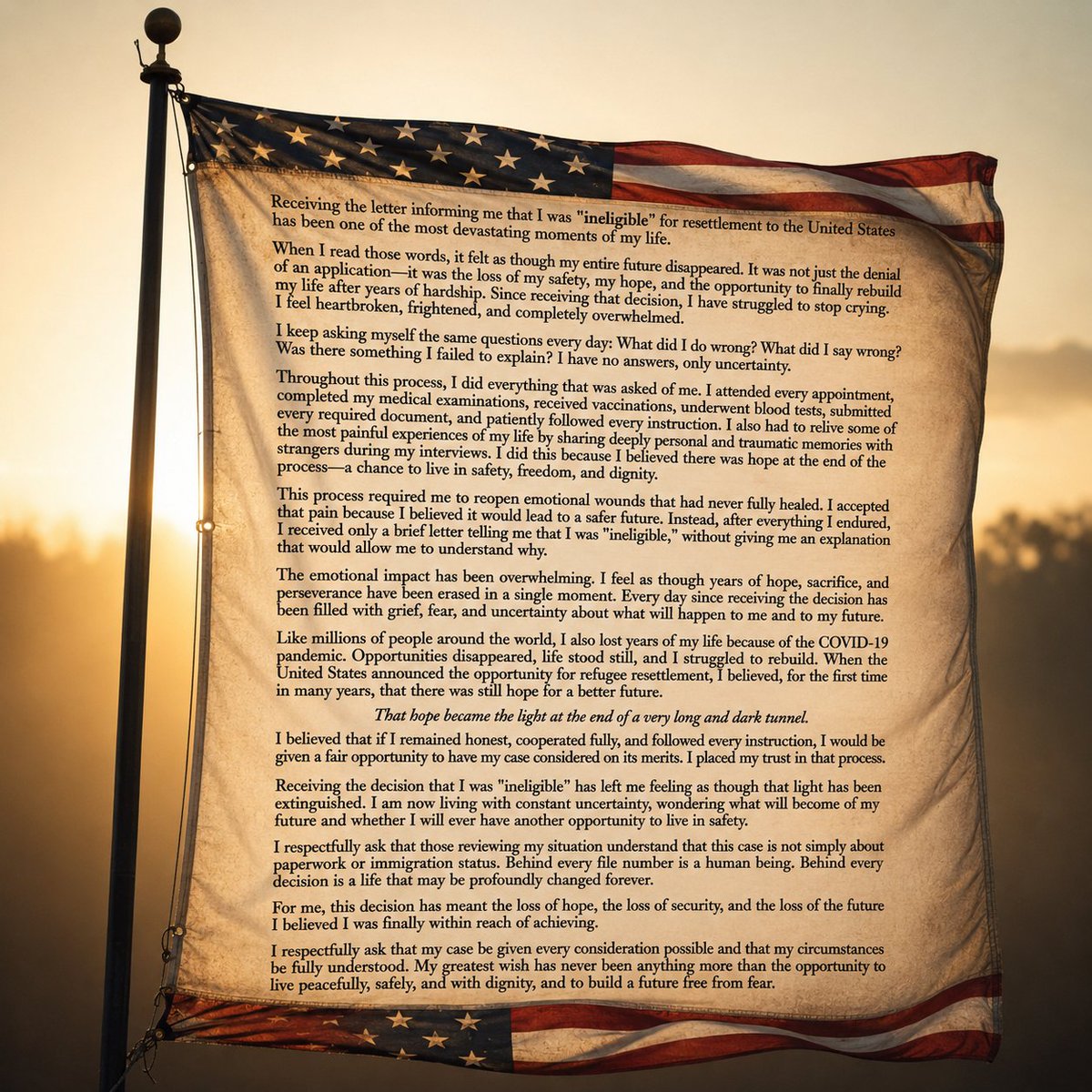 PrincessNala38's tweet photo. My heart is broken. I can't stop crying. In a single letter, my safety, my future, and my hope for a new beginning were taken away. All it said was that I was "ineligible" for resettlement to the United States. https://t.co/YHkx4qbGsF