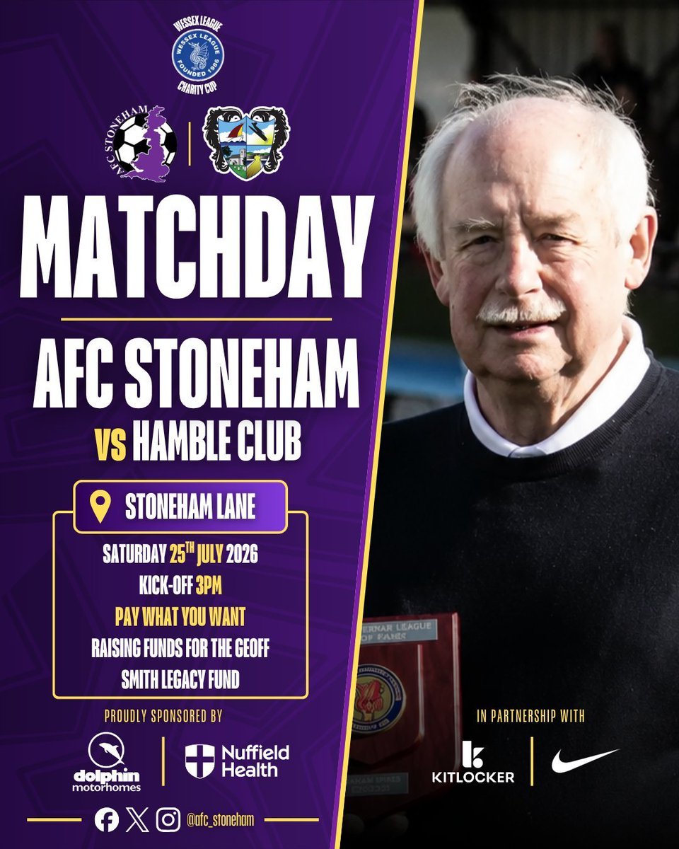 HambleFC's tweet photo. **What a season opener**

@afc_stoneham V Hamble

Hamble travel the short distance to the Stoneham facility to play in the Wessex Charity cup. 

**Pay what you want**
All proceeds go to the Geoff Smith Legacy Fund. https://t.co/5eHGcIZkzE