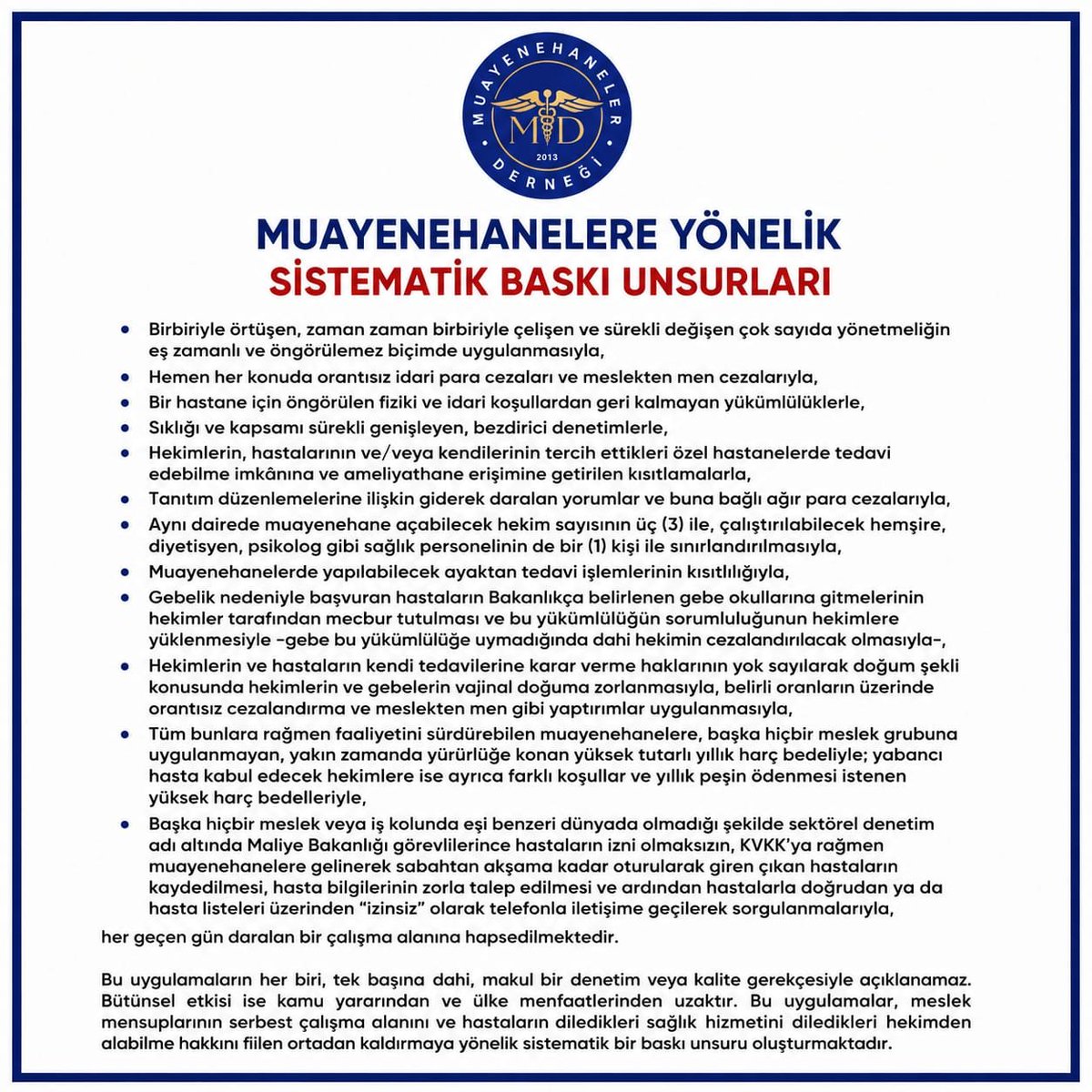 MuayenehanelerD's tweet photo. Muayenehanelere yönelik çalışma özgürlüğünü ve vatandaşın sağlık hizmetine erişimini zorlaştıran uygulamalara karşı hukuki mücadelemizi sürdürüyoruz.
Kamu yararını, bilimsel yaklaşımı ve serbest hekimliği savunmaya devam edeceğiz.
@saglikbakanligi
 #SerbestHekimlik https://t.co/XLe5c0nFtb