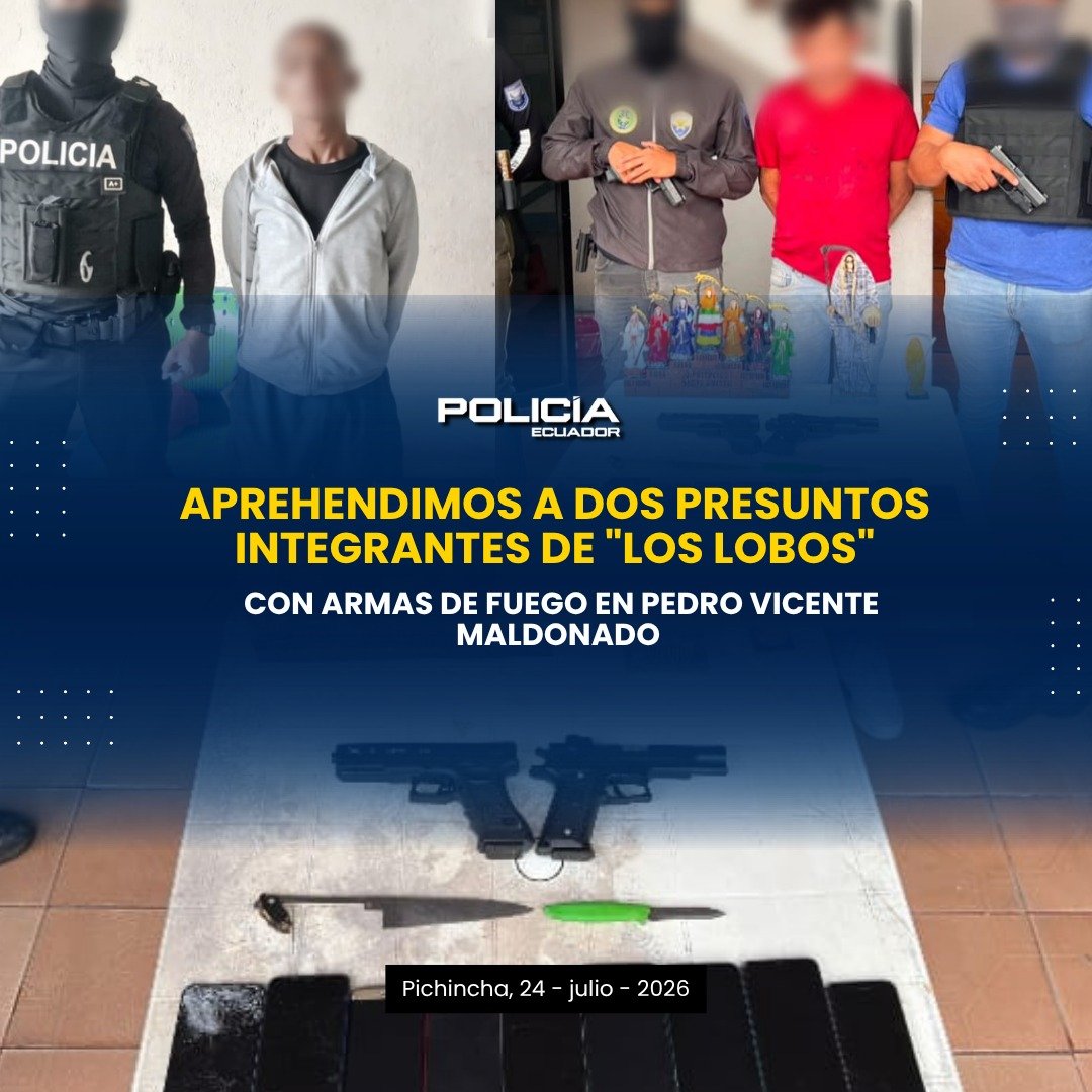 PoliciaEcuador's tweet photo. DEBILITAMOS UNA ESTRUCTURA DELICTIVA Y APREHENDIMOS A DOS PRESUNTOS INTEGRANTES DE “LOS LOBOS” EN PEDRO VICENTE MALDONADO

Como parte de las acciones operativas para combatir el crimen organizado, la #PolicíaEcuador ejecutó un operativo en el sector La Isla, cantón Pedro Vicente Maldonado, provincia de #Pichincha, que permitió la aprehensión de dos individuos conocidos con los alias “Wicho” y “Rafa”, presuntamente vinculados al grupo criminal “Los Lobos”.

De acuerdo con las investigaciones, los implicados estarían involucrados en actividades delictivas en este sector.

Indicios:
🔹 09 terminales móviles
🔹 02 armas de fuego tipo pistola
🔹 02 armas blancas tipo cuchillo
🔹 03 figuras alusivas a la “Santa Muerte”

#PolicíaEcuador
#ServirYProtegerConFirmeza