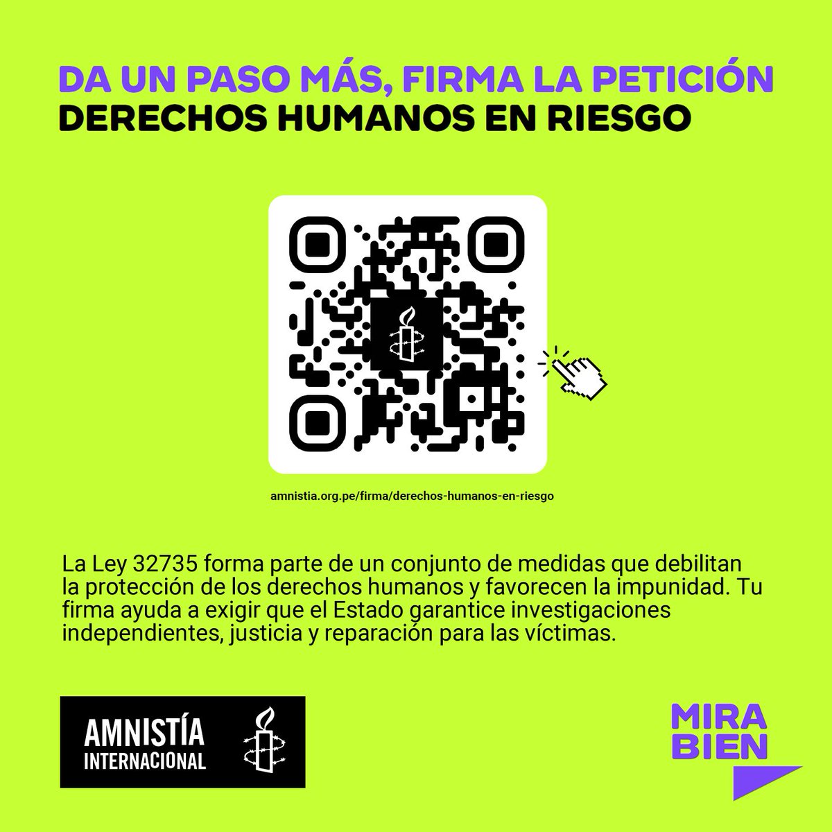 amnistiaperu's tweet photo. 🚨La Ley 32735 permite que delitos cometidos por FFAA y Policía contra civiles pasen a la justicia militar. ¡Eso es impunidad!

Exigimos la derogación de la Ley 32735, investigaciones independientes y justicia para las víctimas.

Súmate nuestra fotoacción hasta el 2 de agosto https://t.co/LWTIErNElj