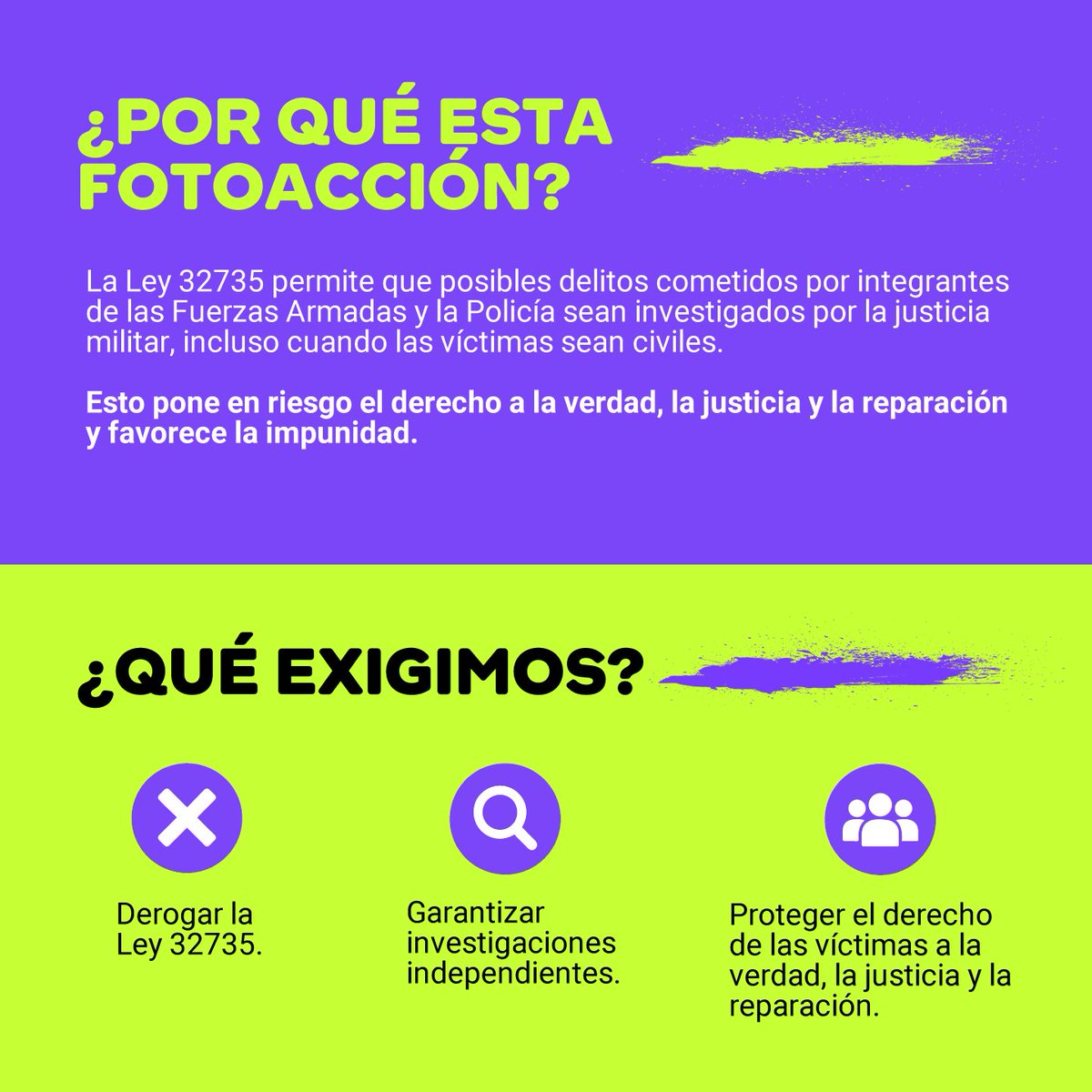 amnistiaperu's tweet photo. 🚨La Ley 32735 permite que delitos cometidos por FFAA y Policía contra civiles pasen a la justicia militar. ¡Eso es impunidad!

Exigimos la derogación de la Ley 32735, investigaciones independientes y justicia para las víctimas.

Súmate nuestra fotoacción hasta el 2 de agosto https://t.co/LWTIErNElj