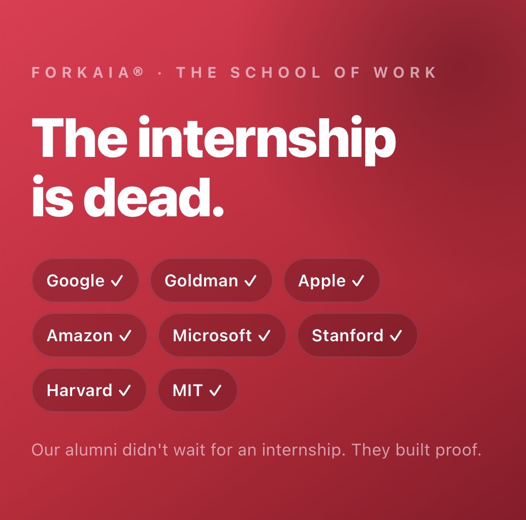 forkaia's tweet photo. The internship is dead.

One summer and one résumé line aren’t enough.

Forkaia® gives students real work, real mentorship, and real proof inside real companies - starting day one.

Don’t wait for opportunity. Build it.

→ https://t.co/FYG3RpjHmj

#Forkaia #TheInternshipIsDead https://t.co/XqsdnKI9f2