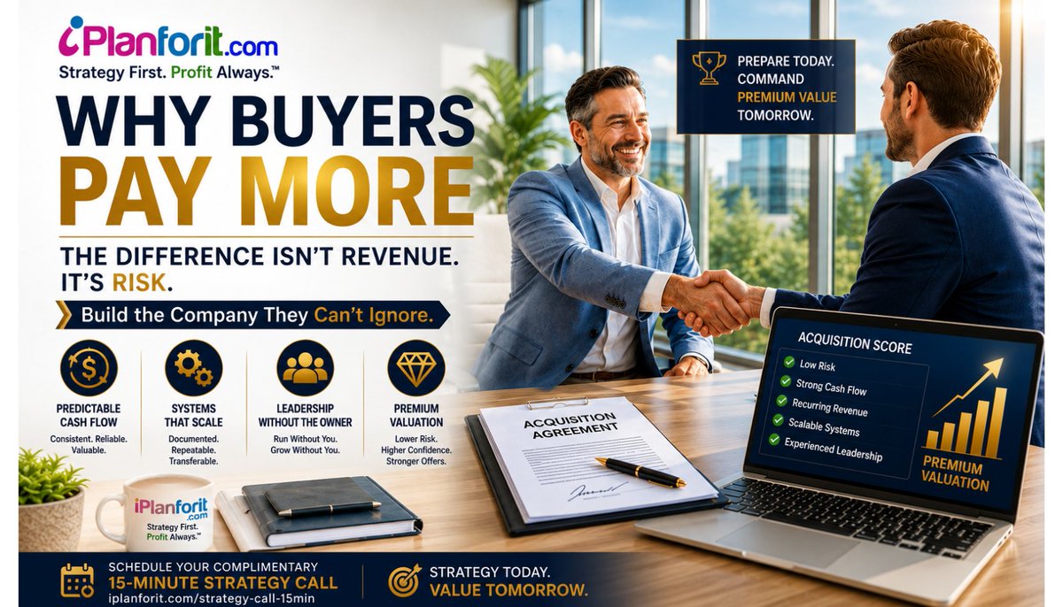 iPlanforit's tweet photo. The day you decide to sell your business is too late to start building its value. 

Why Buyers Pay More for Some Businesses Than Others
https://t.co/zhFMMQ77Uj https://t.co/YZMUpDT29P