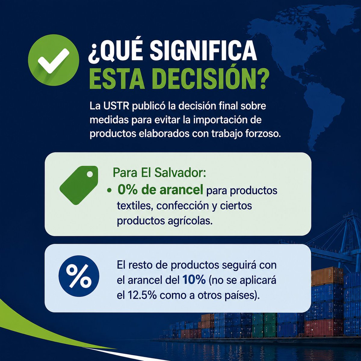 COEXPORT's tweet photo. #COEXPORT informa sobre la reciente la determinación final de la USTR bajo la Sección 301.
¿Qué implica para El Salvador?
✅ Productos que mantienen 0% de arancel.
✅ Bienes que continúan con el 10%.
✅ Recomendaciones para exportadores.
✅ Fecha de entrada en vigor. https://t.co/M9XzuliWxu