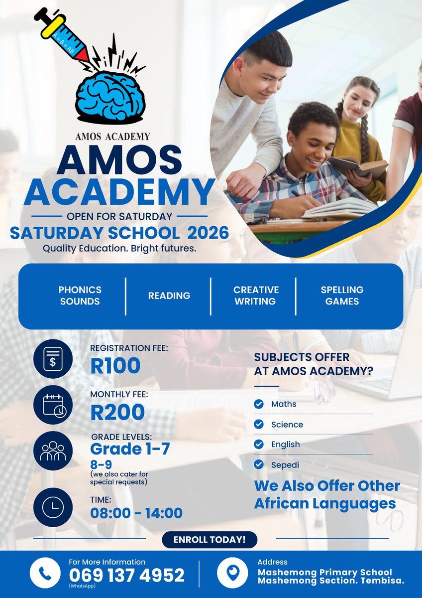 ThembisaOnline's tweet photo. #Thembisa_Online_NEWS
#Amos_Academy 

Is your child struggling with Reading, Writing &amp; Maths? 

We’ve got you covered!

Amos Academy Saturday School 2026 is now open for registration.

We help learners in Grade 1 - 9 build confidence and catch up with:

- Phonics &amp; Reading https://t.co/XEcPJ2cDDz