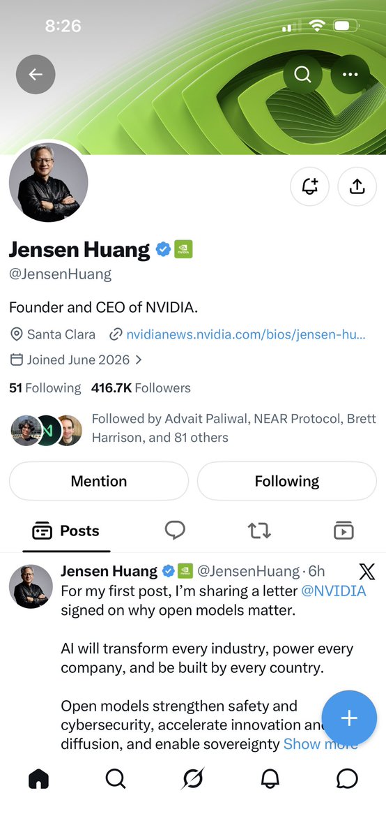 cbaihao's tweet photo. will Jensen get 1mil followers within 24 hour? 

possibly the fastest 0->1mil account on earth https://t.co/Mzz7UruuKq