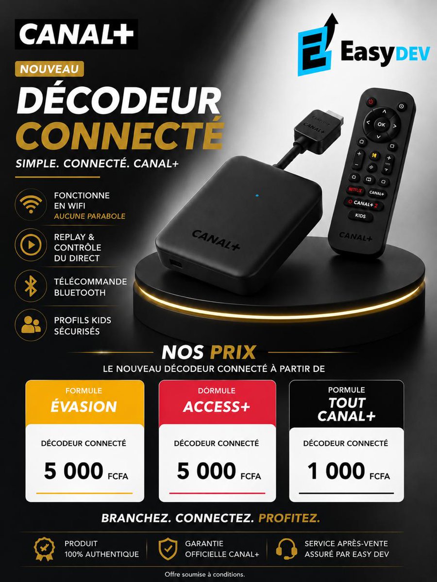 Easydevsn's tweet photo. Vous en avez marre des contraintes de la parabole ? On a la solution pour vous. Le nouveau décodeur CANAL+ Group est arrivé et il change tout.

Passez nous voir ou contactez-nous directement ici : +221 76 223 39 39.

#CanalPlus #EasyDev #DecodeurConnecte #TVConnectee #Innovation https://t.co/ruxWb84GyM