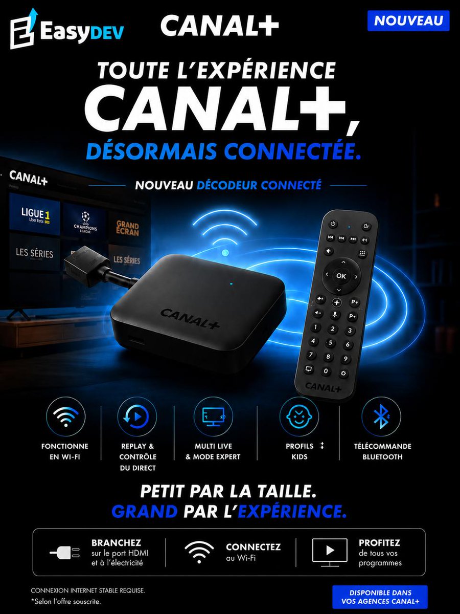 Easydevsn's tweet photo. Vous en avez marre des contraintes de la parabole ? On a la solution pour vous. Le nouveau décodeur CANAL+ Group est arrivé et il change tout.

Passez nous voir ou contactez-nous directement ici : +221 76 223 39 39.

#CanalPlus #EasyDev #DecodeurConnecte #TVConnectee #Innovation https://t.co/ruxWb84GyM
