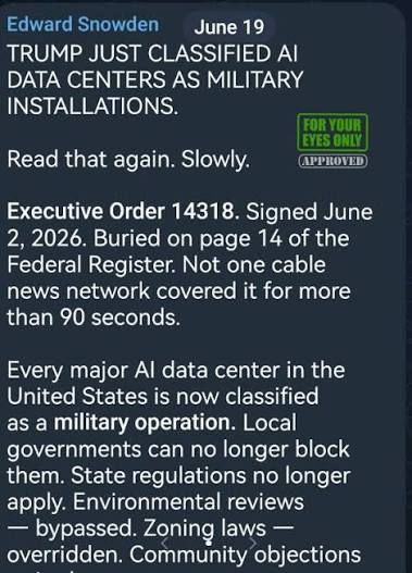 ImBreckWorsham's tweet photo. Now don't you let the fact that Trump  just said there is nothing we can do to stop Data Centers and we have no other option than to accept them stop you from believing that's COMPLETELY unrelated. https://t.co/LH9VugU3SJ
