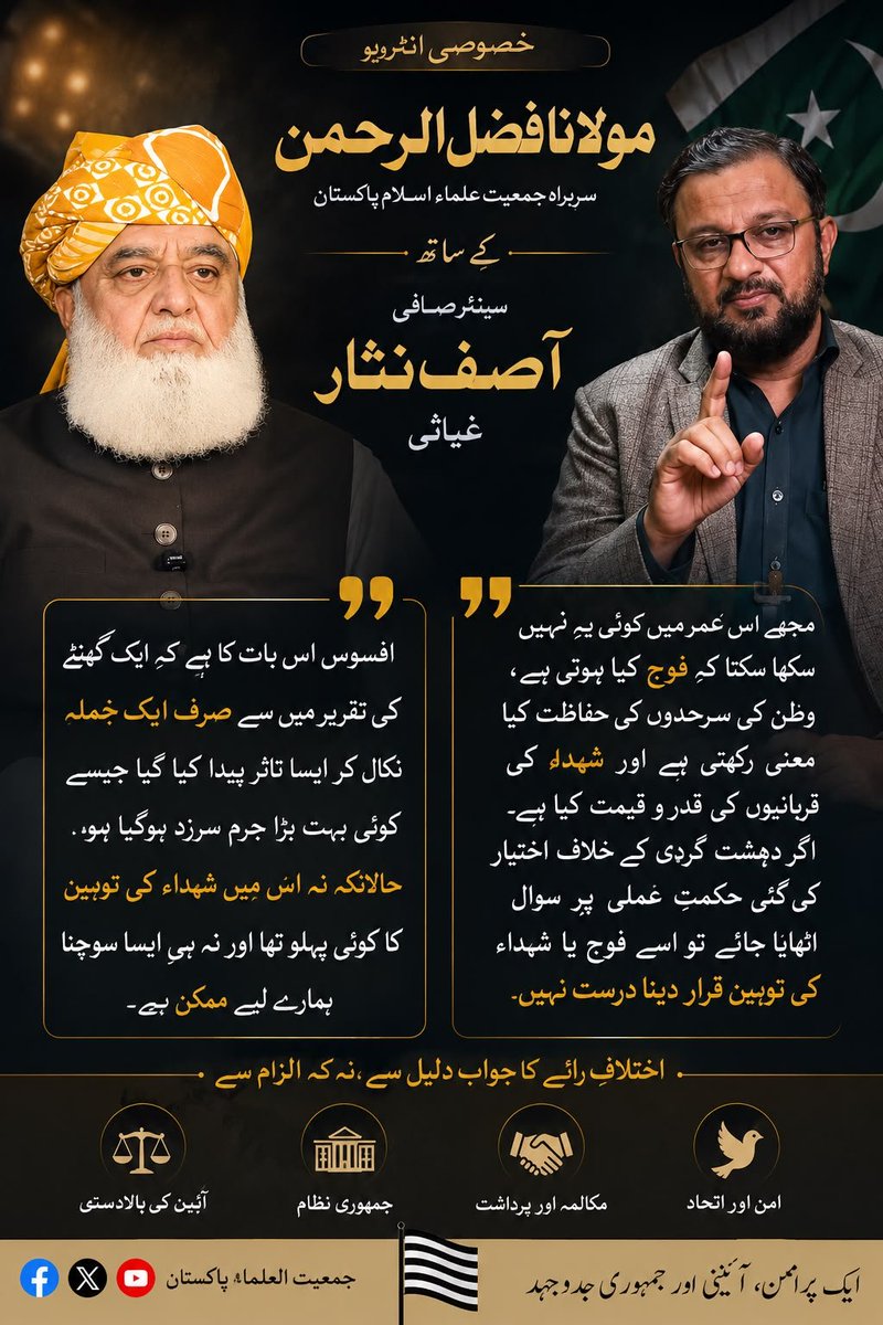 SamiSwati_'s tweet photo. جو جماعت دہشت گردی کے خلاف اپنی سینکڑوں جانوں کی قربانی دے چکی ہو، اس کی حب الوطنی پر سوال اٹھانا انصاف نہیں۔ قربانیاں خود بولتی ہیں، پروپیگنڈا نہیں۔

قائد جمعیت مولانا فضل الرحمن مدظلہ کا موجودہ صورتحال پر سینئر صحافی آصف نثار غیاثی کو انٹرویو۔

#مولانا_چھاگئے #کرپٹ_چوکیدار #کالےچینلز_کی_مشتاقیاں #پیڈ_ٹرینڈ_فلاپ #کرائے_کے_باکو