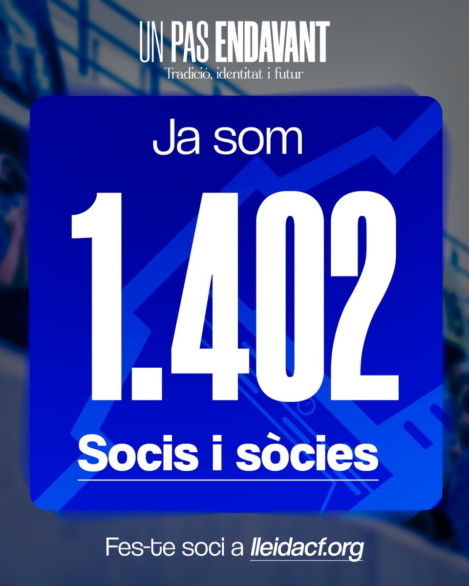 LleidaCF's tweet photo. 💙 Ja som 1.402 socis i sòcies!

En només tres dies, 1.402 persones ja han decidit fer #UnPasEndavant i formar part d'aquesta nova etapa del Lleida CF.

La vostra resposta continua superant totes les expectatives i confirma que aquest projecte es construeix des del sentiment, la participació i el compromís de la seva gent.

Gràcies per creure-hi i per ser-hi des del primer dia.

Visca el Lleida, sempre! 💙

#UnPasEndavant