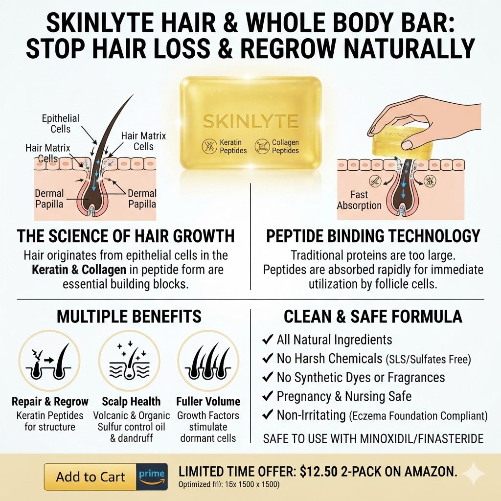 ephedradiets's tweet photo. Stop Hair Loss & Regrow It Today with the Skinlyte Peptides. Use alone or with Finasteride or Minoxidil for faster results!

Want to stop thinning and actively trigger new growth? Your follicles need the exact biological building blocks of hair: keratin and collagen in peptide form.

🧬 The Science of Hair Growth

Hair originates from epithelial cells within the hair follicle. Specifically, it forms in the hair matrix cells surrounding the dermal papilla. These cells rapidly multiply, differentiate, and form the hair shaft. Because the shaft is composed primarily of keratinized epithelial cells, cellular replenishment requires targeted nutrition.

The Ultimate Bio-Hack: Skinlyte Hair & Whole Body Bar

Traditional proteins are too large to penetrate the scalp. Skinlyte utilizes peptide binding enhancement technology for rapid absorption and immediate utilization by the follicle.

. Multi-Peptide Formula: Infused with bio-available keratin and collagen peptides for structural repair.

. Cellular Activation: Packed with advanced growth factors to stimulate dormant matrix cells.

. Scalp Optimization: Contains volcanic and organic sulfur to regulate sebum (oil) production, eliminate dandruff, and boost microcirculation.

. Synergistic Safe Care: 100% free from synthetic dyes, fragrance, SLS, and preservatives. Zero ingredients are on the Eczema Foundation's ECZ-clusion list. It is completely pregnancy and nursing safe.

Maximize Your Results

Accelerate your routine! This clean formula works safely alongside Finasteride or Minoxidil to supercharge your hair restoration. This clean formula works safely alongside Finasteride or Minoxidil to supercharge your hair restoration.

🔥 LIMITED TIME AMAZON DEAL 🔥

Grab the All-Natural 2-Pack on Amazon right now for just $12.50!

👉 https://t.co/5Szs799VuA

#HairLossSolutions #HairGrowthTips #PeptideSkinCare #HealthyScalp #CleanBeauty #AndrogeneticAlopecia #HairRegrowth #AmazonDeals #ThickerHair #CelebrityHacks #HairHacks #TressLess #HairGrowth #HairLoss #HairHealth #Dandruff #ScalpPsoriasis #ScalpHealth #ScalpHydration  #Finasteride #Minoxidil #Skinlyte #HairSystem #HairTransplant #Peptides #PeptideHairGrwoth #PeptideSciences
