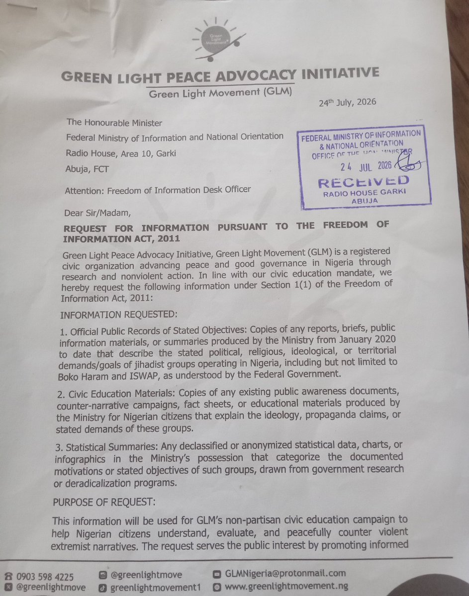 Greenlightmove's tweet photo. 🟢 Today 24th July 2026, GLM submitted FOI requests to the Ministry of Foreign Affairs, Ministry of Justice, Ministry of Information and National Orientation, and National Human Rights Commission. 

We are Seeking official records on Nigeria’s engagement with the OIC, with each institution asked for data specific to its mandate.
The requested information are different but relatable.
