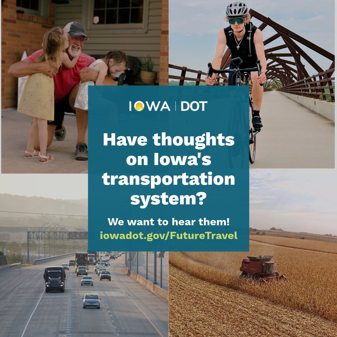 iowadot's tweet photo. We want your input on Iowa’s transportation future! The DOT's Transportation Plan will shape our goals for the next 25+ years. Take this quick survey by Aug. 31:
🤳Take the survey now: https://t.co/0vBBth55XF
📢 Share this post!
📱Call 515-233-7950
✉️Email iowa.motion@iowadot.us https://t.co/70JOvwNsiw