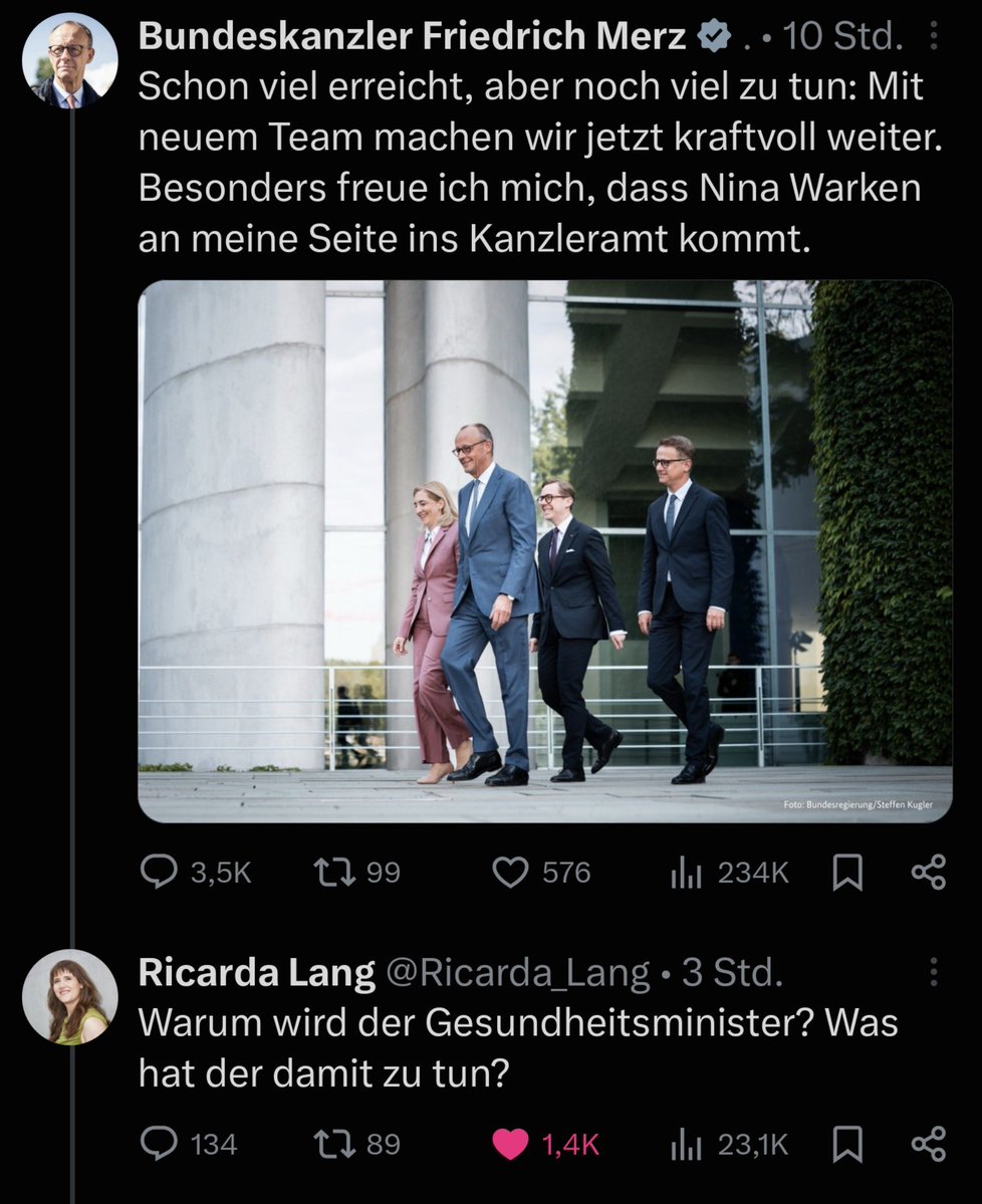 MarkusPullmann's tweet photo. @Ricarda_Lang @bundeskanzler 10 Stunden - 234k Impressionen - 576 Likes

vs. 

3 Stunden - 23k Impressionen - 1,4k Likes

Auf X! ☝🏻

Das ist keine Ratio, das ist ein Massaker. https://t.co/BdIHsZwEhW