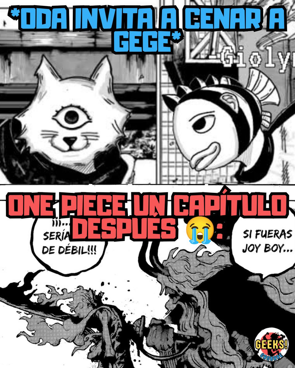 GeeksGanbare's tweet photo. A Oda le está afectando juntarse con Gege 😭

#OnePiece #JujutsuKaisen #EiichiroOda #GegeAkutami #humor https://t.co/ArWN6Rd69b