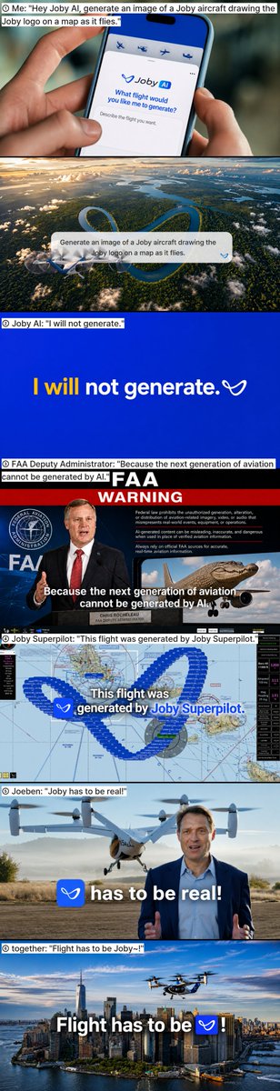 aparecium117's tweet photo. Joby has to be real-storyboard.jpg

1. Me: "Hey Joby AI, generate an image of a Joby aircraft drawing the Joby logo on a map as it flies."
2. Joby AI: "I will not generate."
3. FAA Deputy Administrator: "Because the next generation of aviation cannot be generated by AI."
4. Joby Superpilot: "This flight was generated by Joby Superpilot."
5. Joeben: "Joby has to be real!"
6. Together: "Flight has to be Joby~!"

엄청 금방 만들줄 알았는데 생각보다 오래걸렸다.
그래도 만드는 내내 재밌게 즐겼으니 된거다.🙌