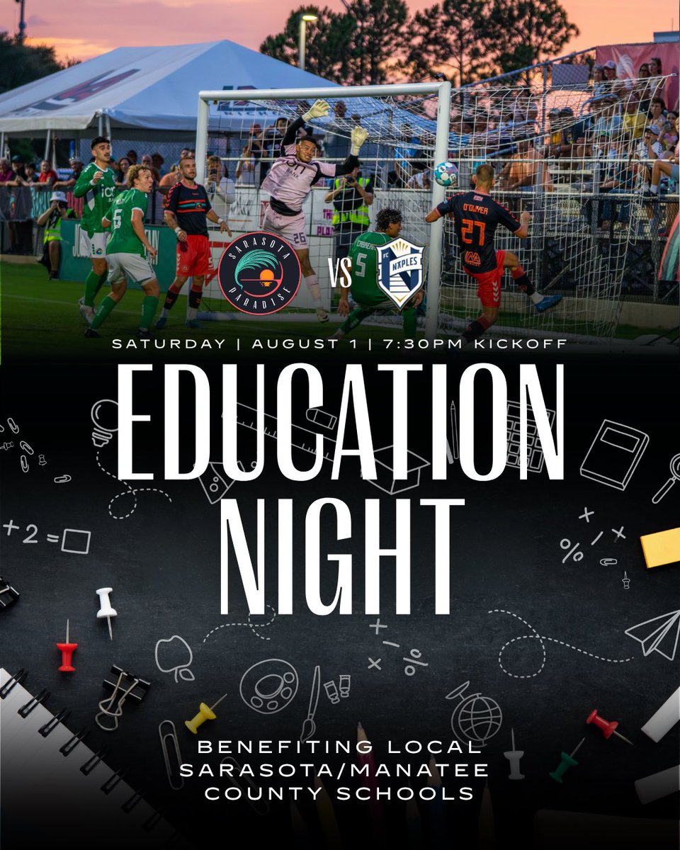 SRQ_Paradise's tweet photo. Join us on August 1 as we take on our rivals, FC Naples, for a special night celebrating students, teachers, and the impact of education in our community
 
⏰Kickoff 7:30 PM ET 
📚School supplies in the fan zone 
🎟️ Tickets available here: https://t.co/4QiIvgl8Ez https://t.co/ytBay9TbZW