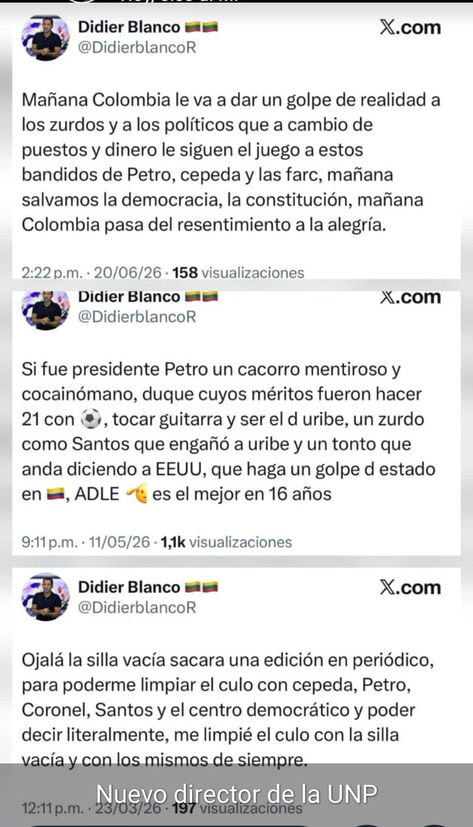 GloriaCuartas's tweet photo. Estos mensajes del nuevo director de la UNP @DidierblancoR  colocan en alerta extrema este país @ONUHumanRights @CIDH @FiscaliaCol @JEP_Colombia @CConstitucional https://t.co/Wt0akdsRBk
