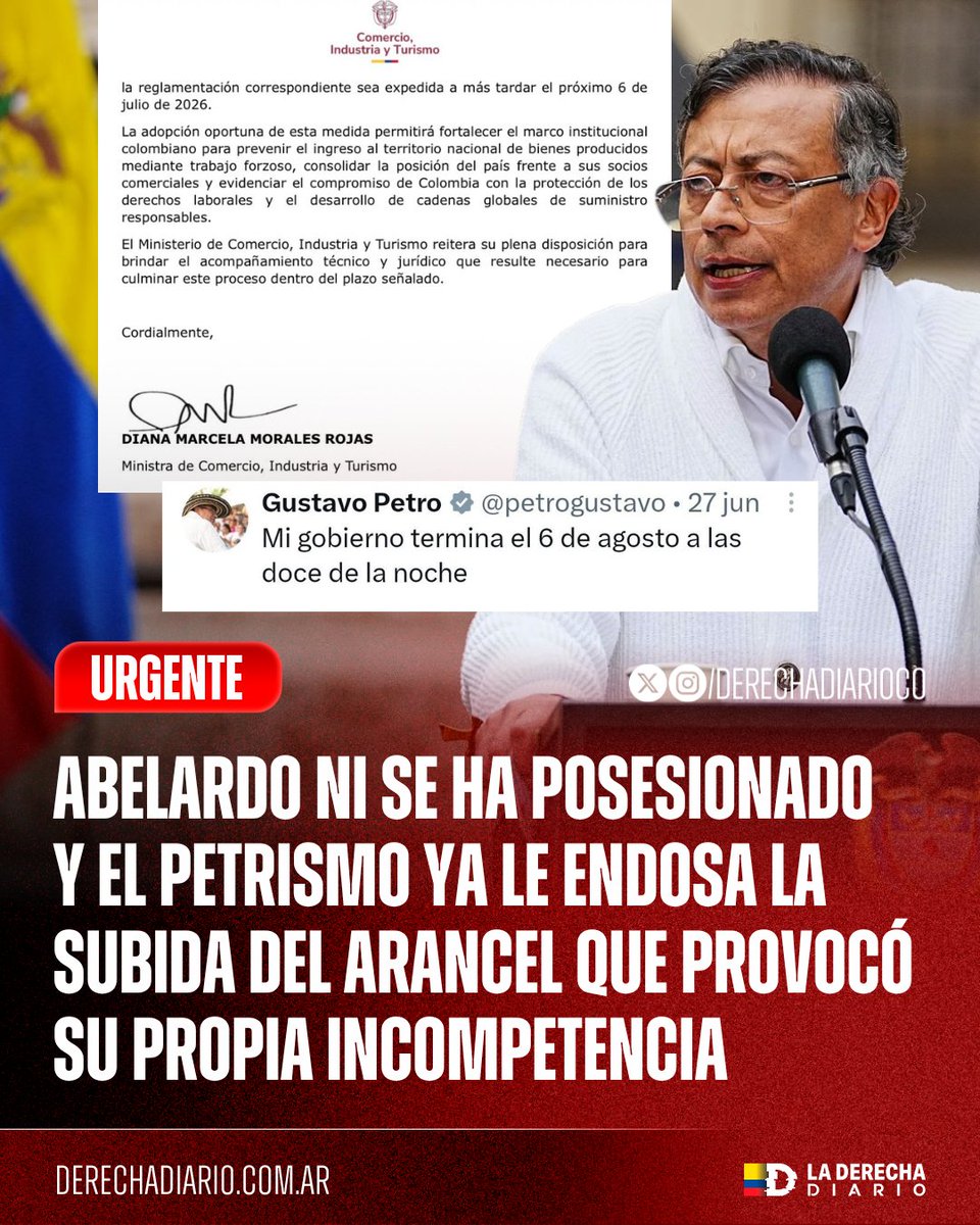 DerechaDiarioCO's tweet photo. 🚨🇨🇴 | ZURDOS SIENDO ZURDOS: El petrismo intentó culpar a Abelardo de la Espriella por el aumento del arancel estadounidense al 12,5 %, aunque ni siquiera se ha posesionado.

Ahora salió a la luz una carta en la que la propia ministra de Comercio de Petro, Diana Marcela Morales, le exigió al director de la DIAN reglamentar la medida antes del 6 de julio para evitar exactamente esa sanción. La DIAN de Petro no hizo nada, dejó vencer el plazo y Estados Unidos subió el arancel. Petro provocó el desastre y sus militantes intentaron endosárselo a Abelardo.