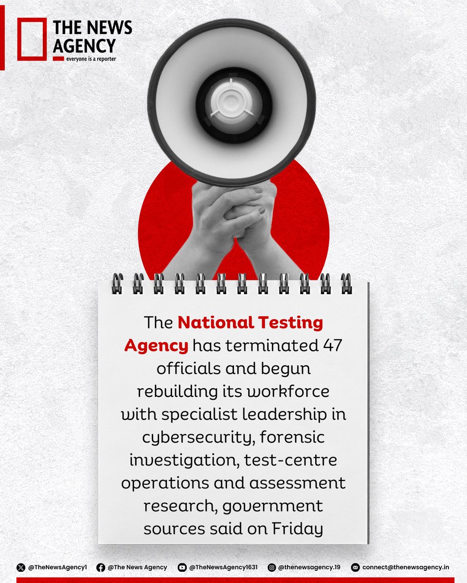 TheNewsAgency1's tweet photo. The National Testing Agency has terminated 47 officials #jantar #StudentsWithModi #Modi @NTA_Exams @EduMinOfIndia @Wangchuk66 @abhijeet_dipke National Testing Agency https://t.co/2m38ePaVyj