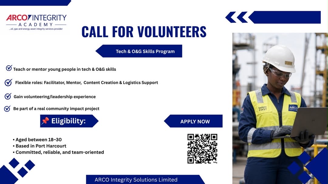 Arco_Integrity's tweet photo. CALL FOR VOLUNTEERS

📌 Eligibility:

•Aged between 18–30
•Based in Port Harcourt for the duration of the program 
•Committed, reliable, and team-oriented

📌 How to Apply: 
Click on the link to apply https://t.co/gtejGtHoXF

Or Scan the QR code on the flier https://t.co/zG2nXp6zZq