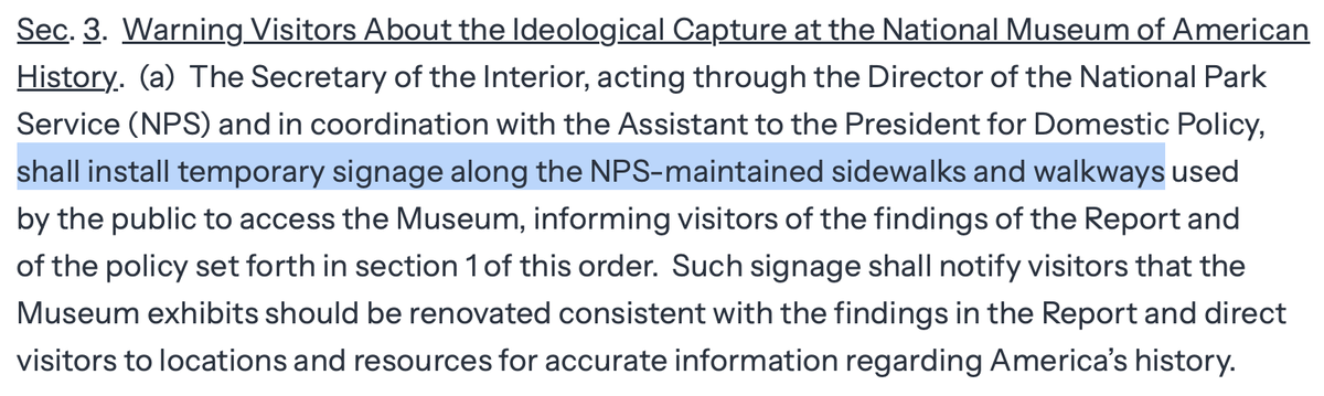 shellenberger's tweet photo. The Smithsonian's leadership remains committed to spreading disinformation about basic history and biology, and so the Trump administration will put up signs along the sidewalks near the National Museum of American History warning "visitors about the ideological capture." https://t.co/69Vh5LTTHu