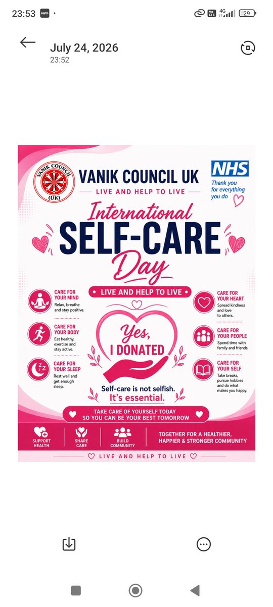 vanikcouncil's tweet photo. International Self-Care Day.

Self-care isn't selfish-it's essential.

At Vanik Council UK, together with NHS, we encourage healthy living and the life-saving gift of organ donation.

Take care of yourself. Give hope to others. 💗

#InternationalSelfCareDay #SelfCare https://t.co/2dcC08vDoJ
